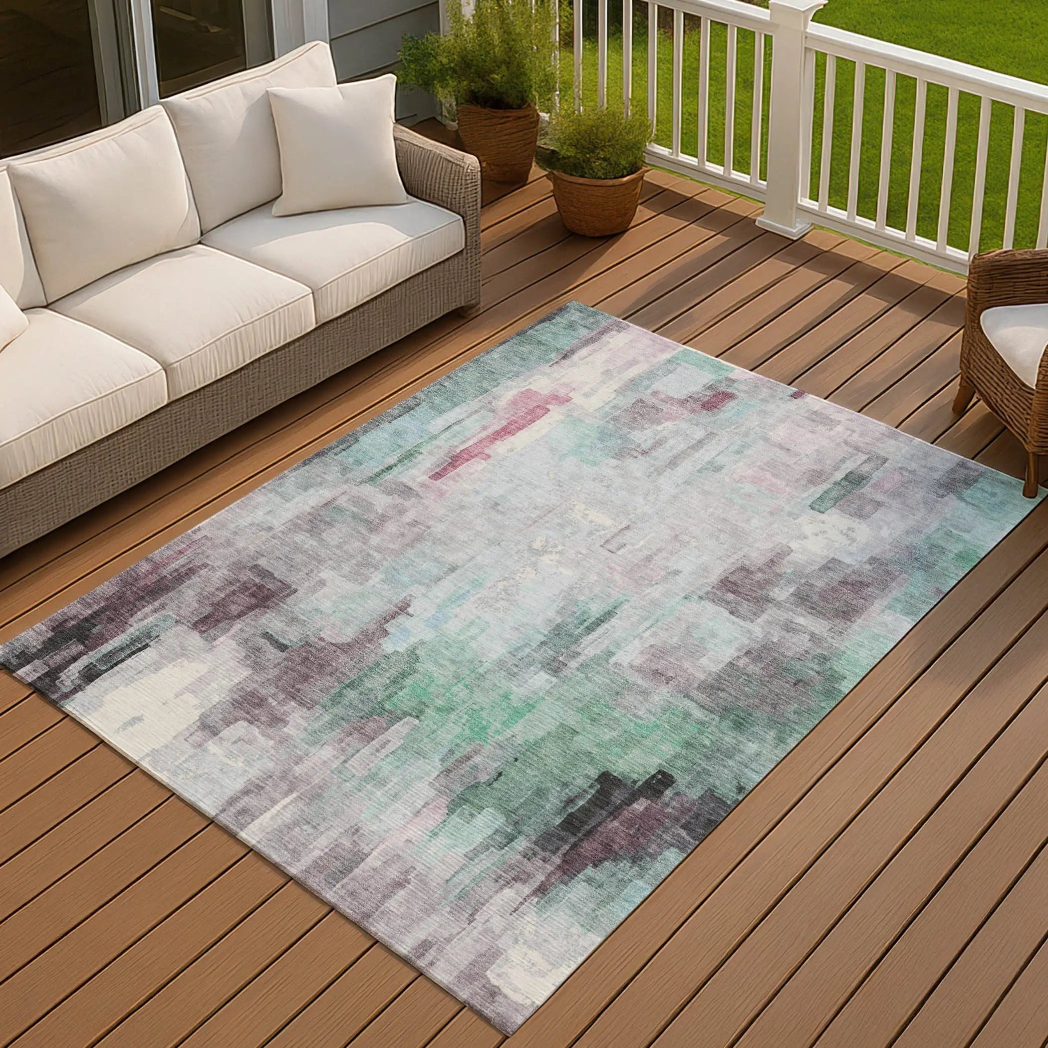10' X 14' Sky Blue And Mauve Abstract Washable Indoor Outdoor Area Rug Homeroots Outdoor