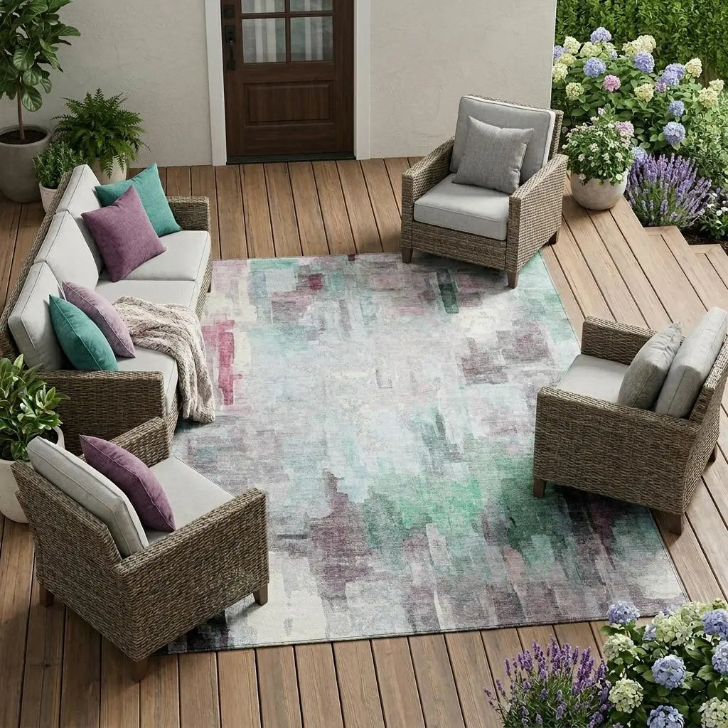 10' X 14' Sky Blue And Mauve Abstract Washable Indoor Outdoor Area Rug Homeroots Outdoor