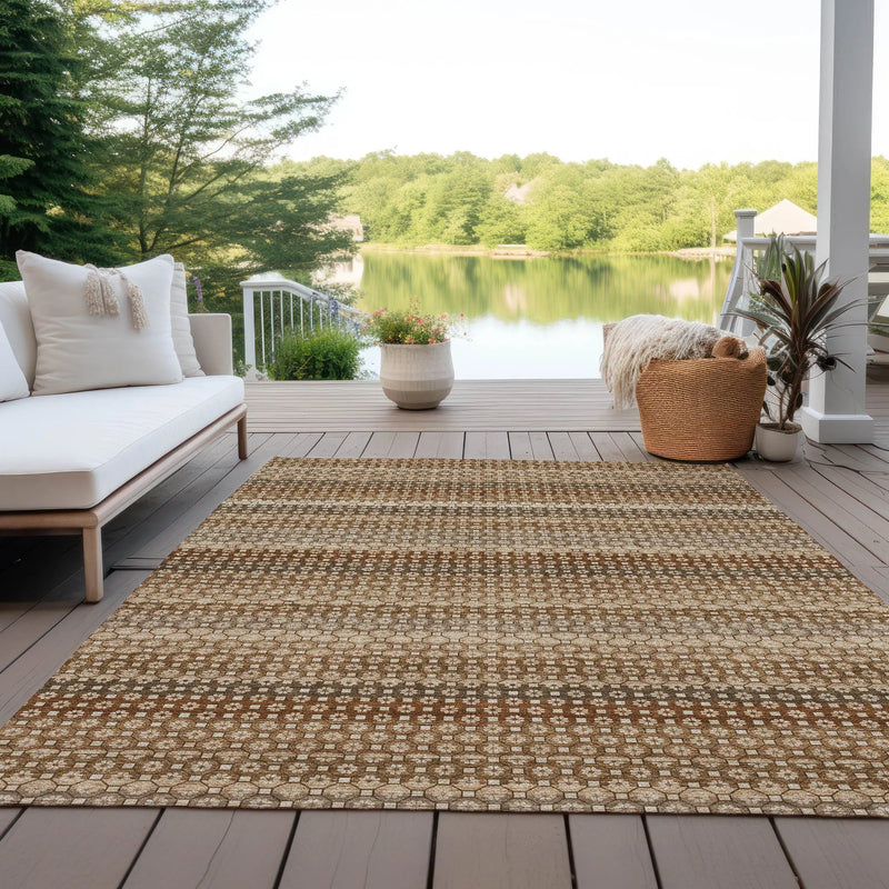 10' X 14' Taupe And Brown Striped Washable Indoor Outdoor Area Rug Homeroots Outdoor