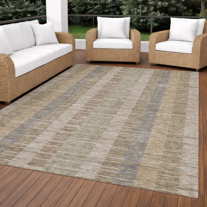 10' X 14' Taupe And Brown Striped Washable Indoor Outdoor Area Rug Homeroots Outdoor