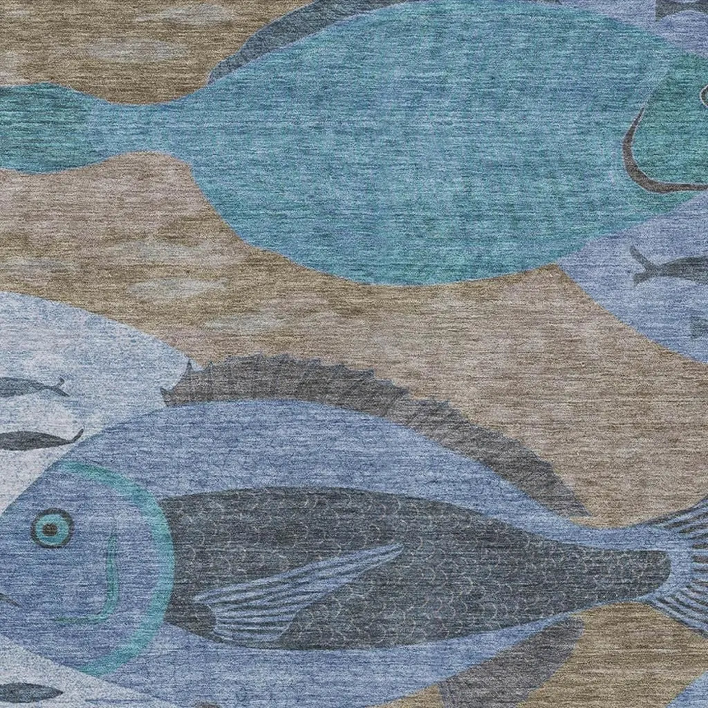 10' X 14' Taupe And Denim Blue Tropical Fish Washable Indoor Outdoor Area Rug Homeroots Outdoor