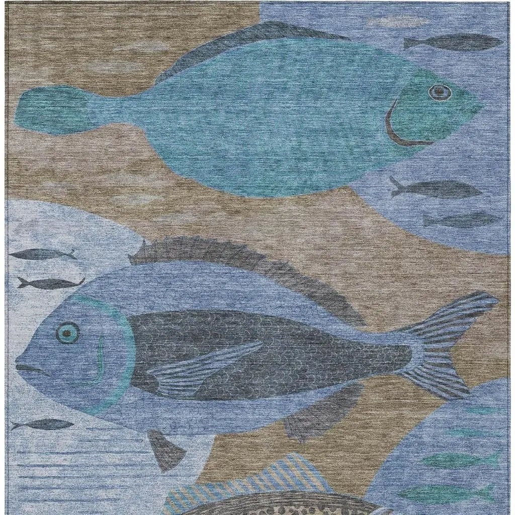 10' X 14' Taupe And Denim Blue Tropical Fish Washable Indoor Outdoor Area Rug Homeroots Outdoor