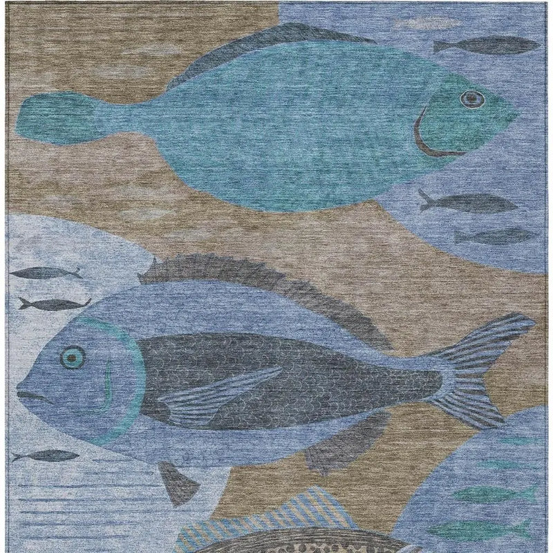 10' X 14' Taupe And Denim Blue Tropical Fish Washable Indoor Outdoor Area Rug Homeroots Outdoor