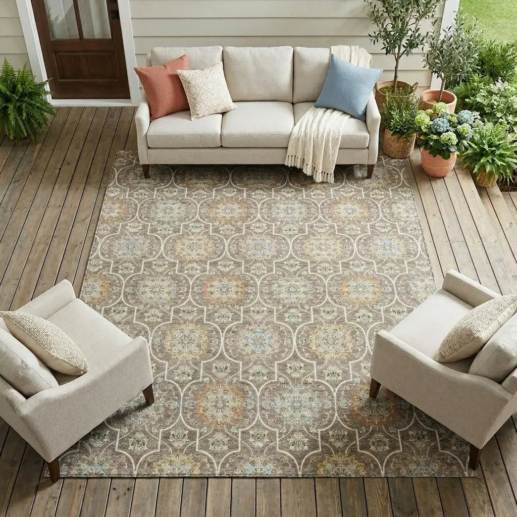10' X 14' Taupe And Ivory Floral Medallion Washable Indoor Outdoor Area Rug Homeroots Outdoor