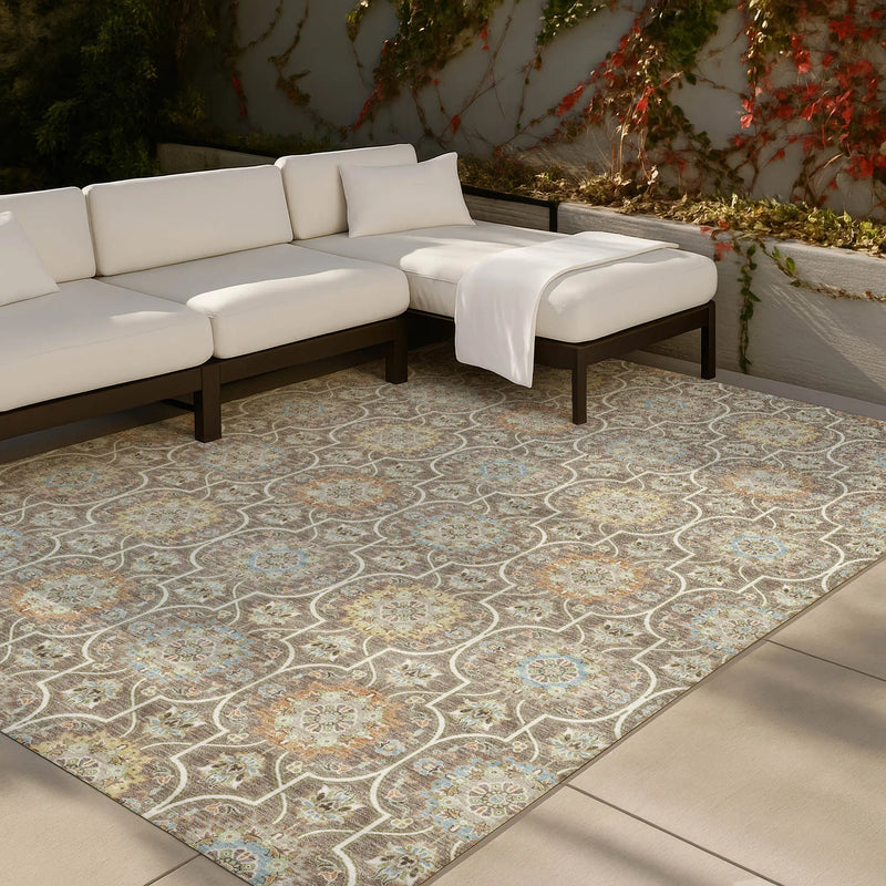 10' X 14' Taupe And Ivory Floral Medallion Washable Indoor Outdoor Area Rug Homeroots Outdoor