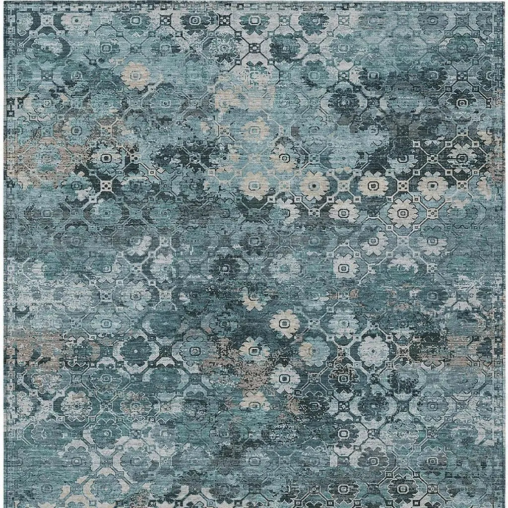 10' X 14' Teal Blue And Aqua Abstract Washable Indoor Outdoor Area Rug Homeroots Outdoor