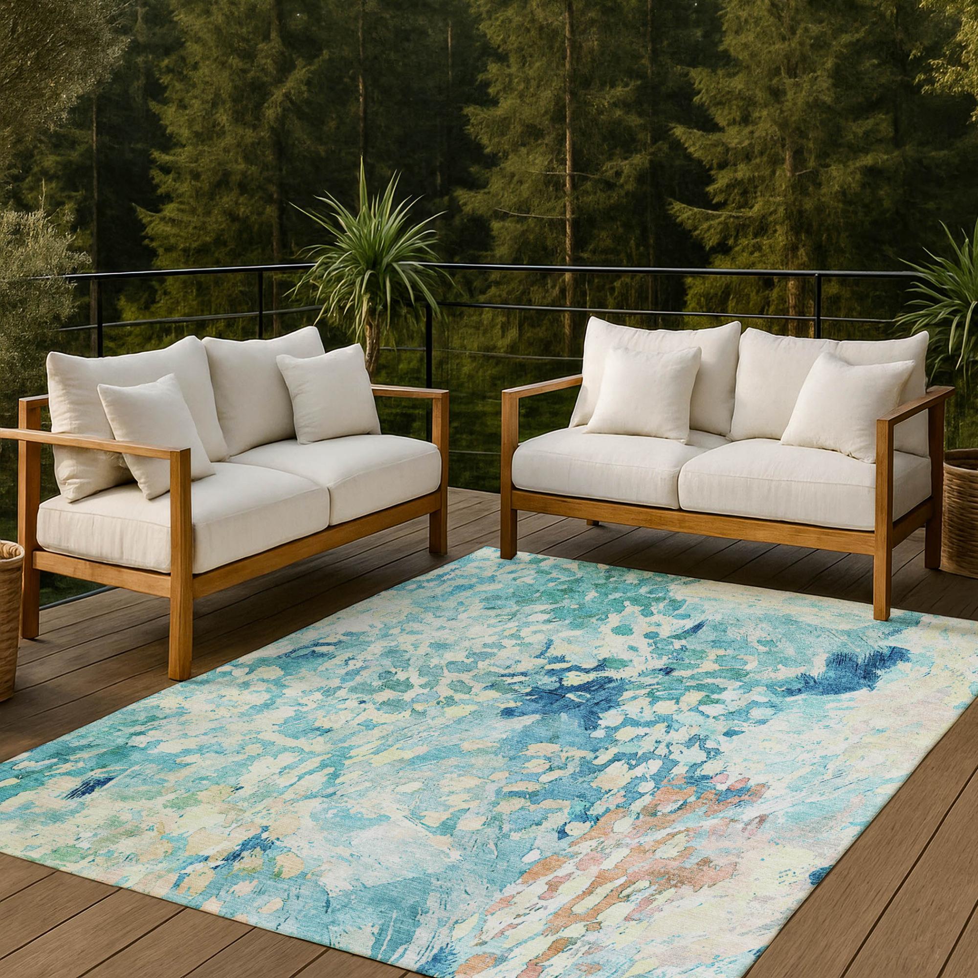 10' X 14' Teal Blue And Aqua Abstract Washable Indoor Outdoor Area Rug Homeroots Outdoor