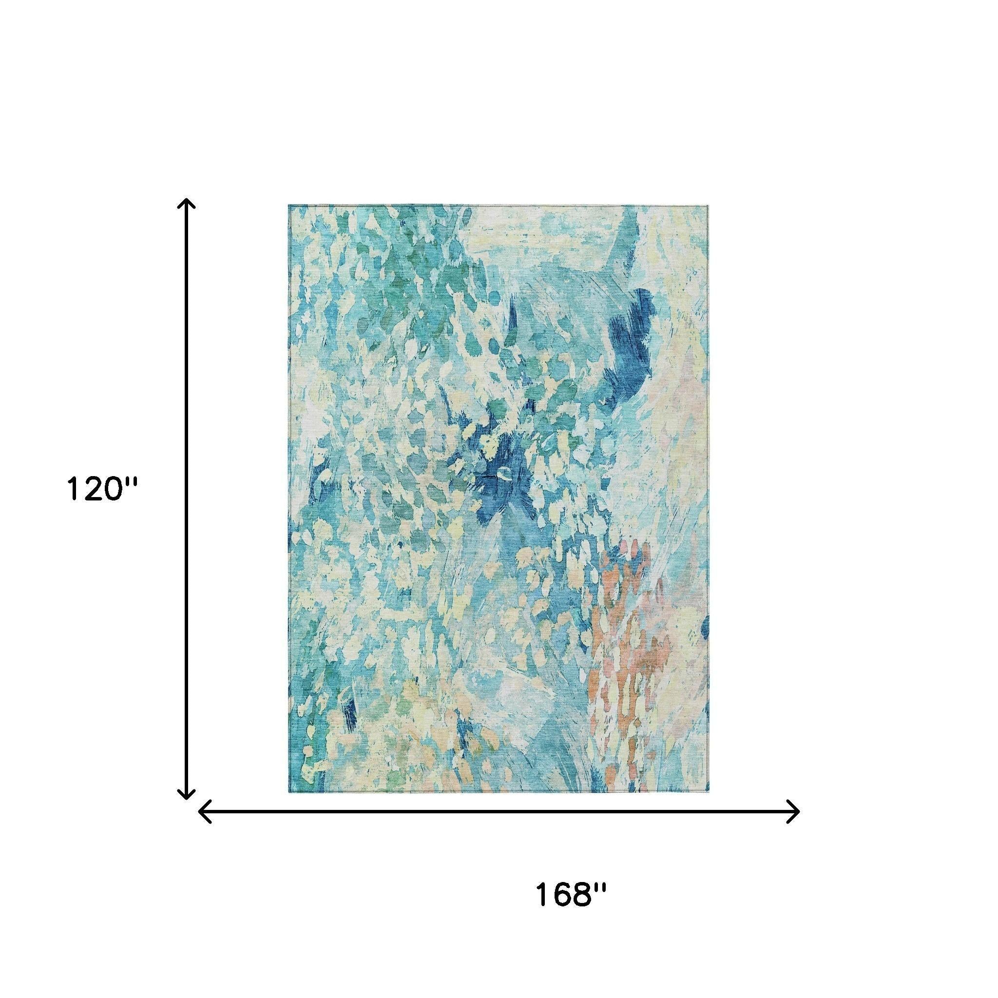 10' X 14' Teal Blue And Aqua Abstract Washable Indoor Outdoor Area Rug Homeroots Outdoor