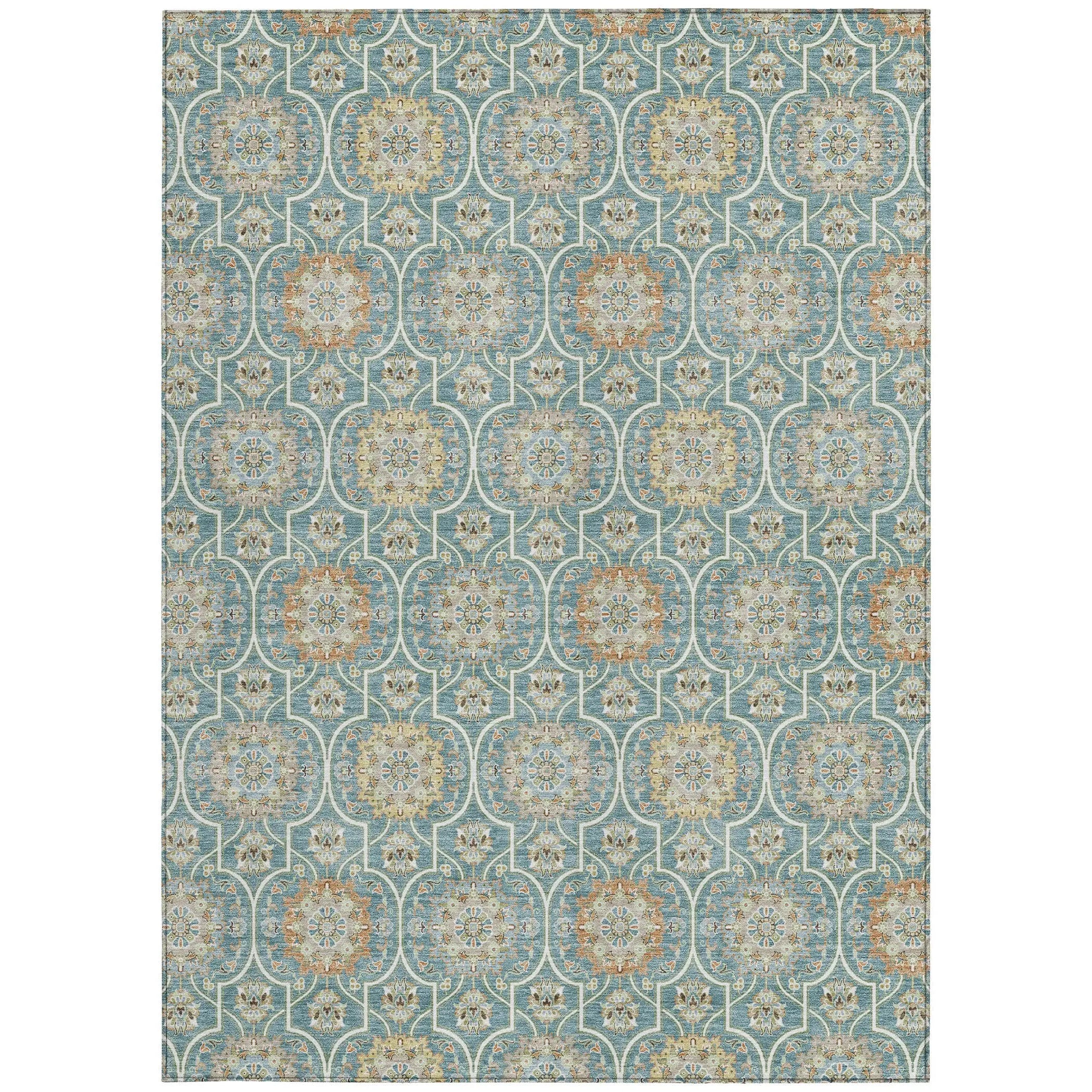 10' X 14' Teal Blue And Beige Floral Medallion Washable Indoor Outdoor Area Rug Homeroots Outdoor