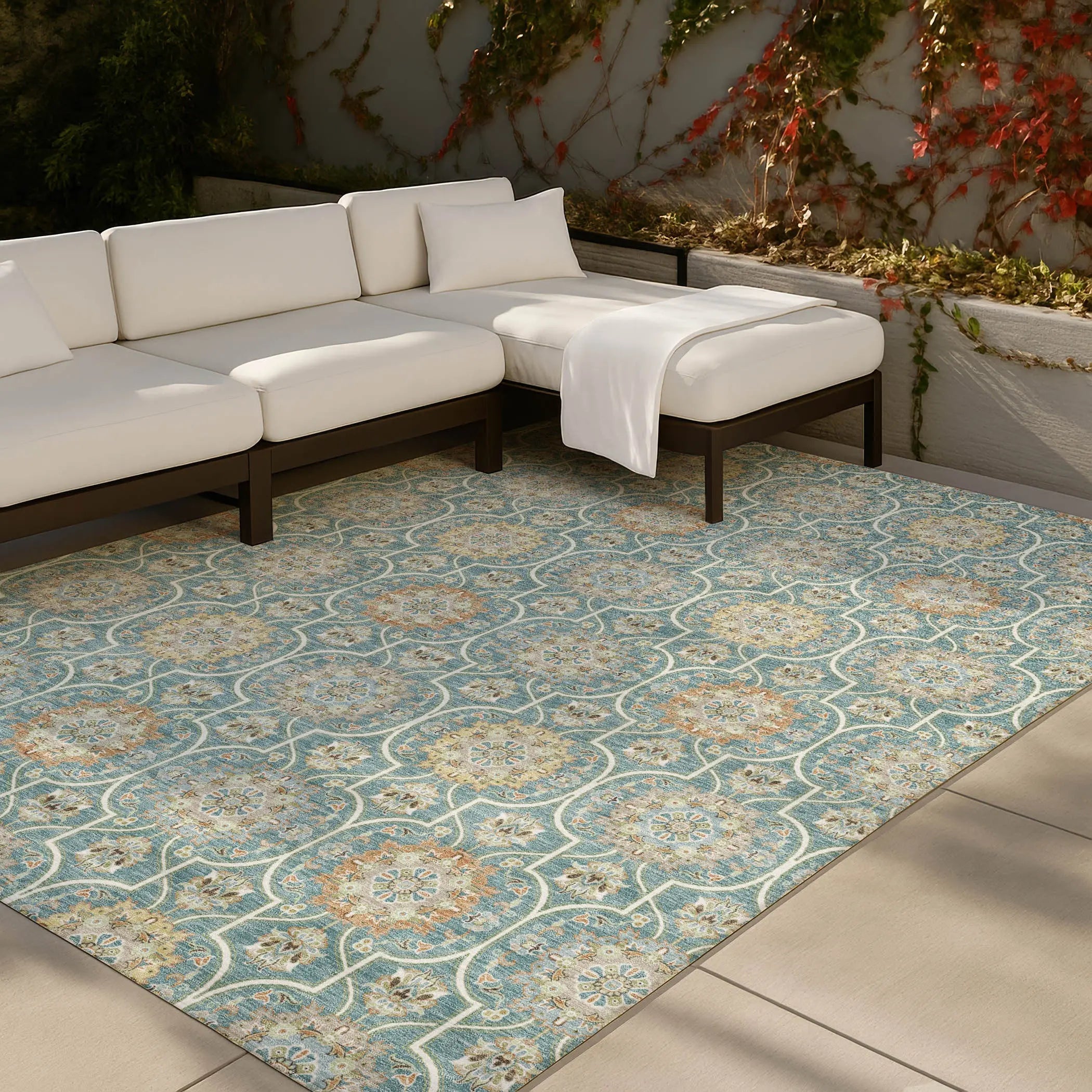 10' X 14' Teal Blue And Beige Floral Medallion Washable Indoor Outdoor Area Rug Homeroots Outdoor