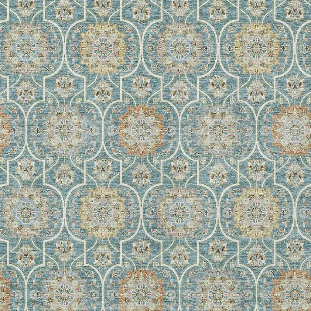 10' X 14' Teal Blue And Beige Floral Medallion Washable Indoor Outdoor Area Rug Homeroots Outdoor