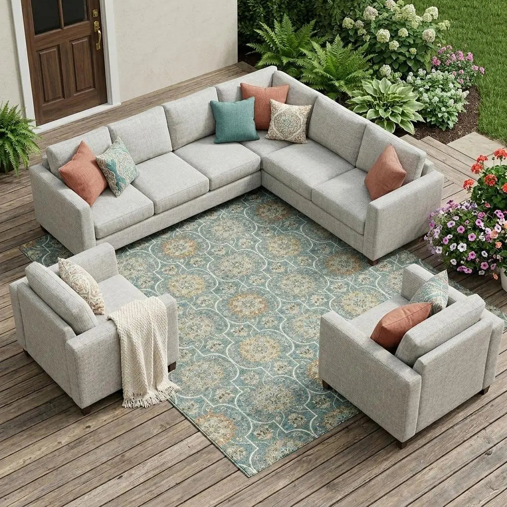 10' X 14' Teal Blue And Beige Floral Medallion Washable Indoor Outdoor Area Rug Homeroots Outdoor