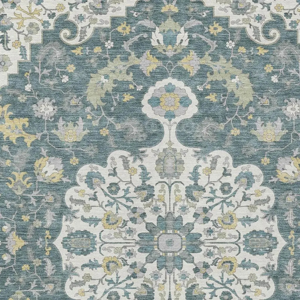10' X 14' Teal Blue And Beige Floral Medallion Washable Indoor Outdoor Area Rug Homeroots Outdoor