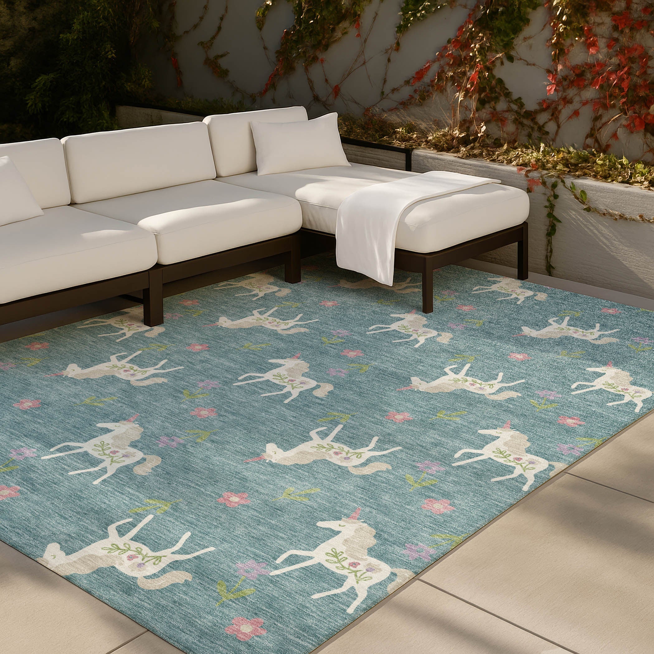 10' X 14' Teal Blue And Beige Floral Washable Indoor Outdoor Area Rug Homeroots Outdoor