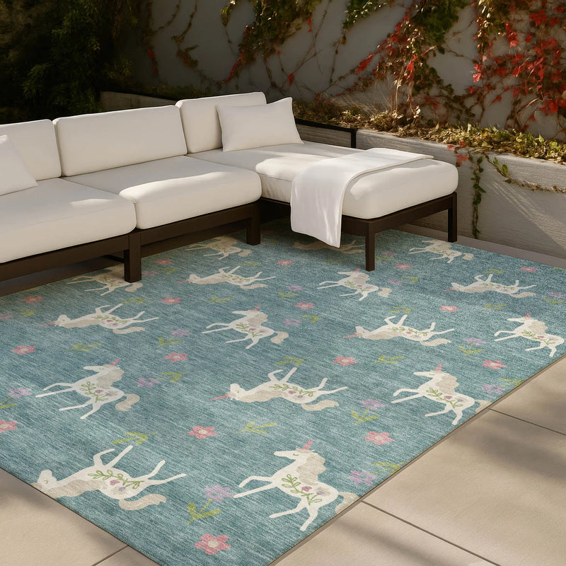 10' X 14' Teal Blue And Beige Floral Washable Indoor Outdoor Area Rug Homeroots Outdoor