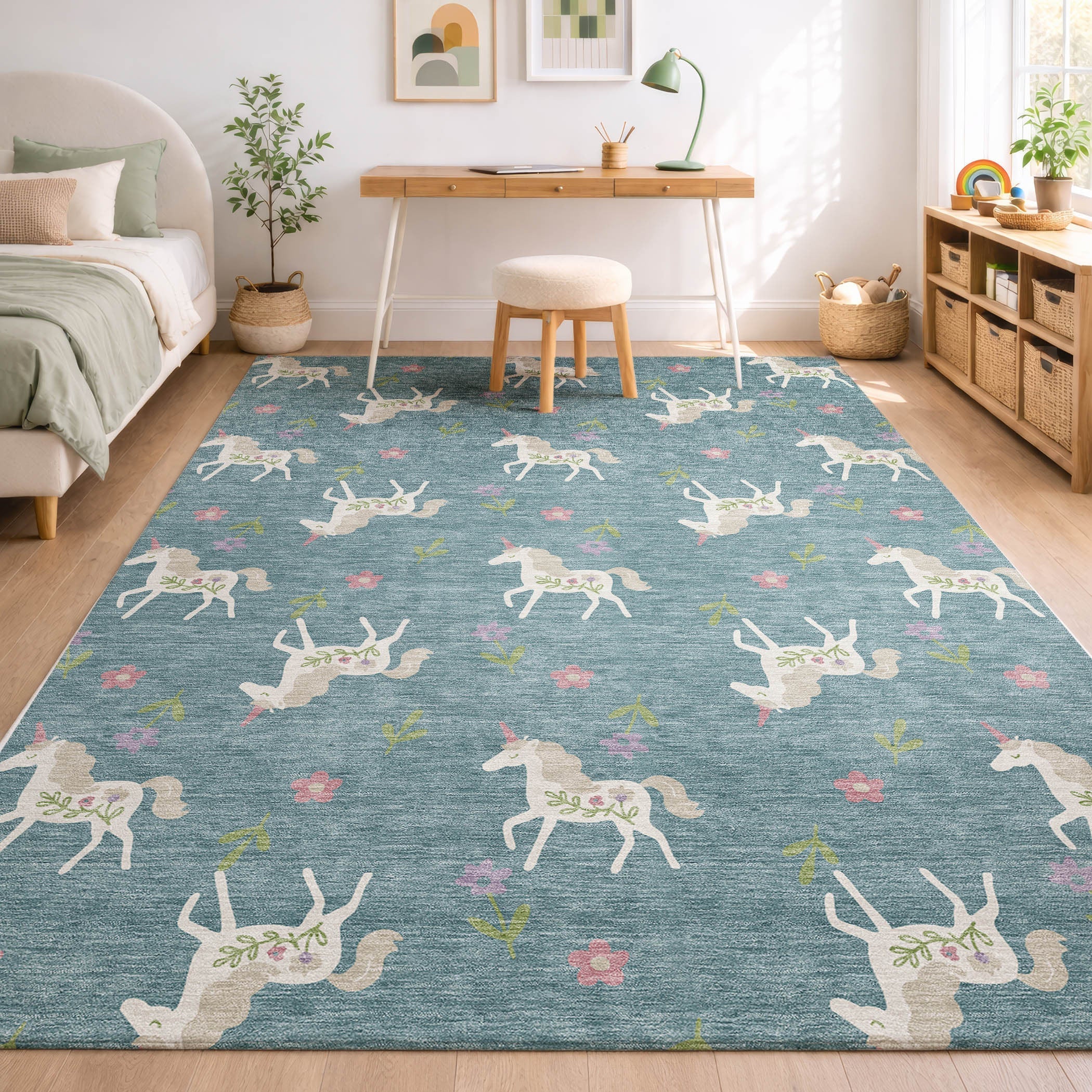 10' X 14' Teal Blue And Beige Floral Washable Indoor Outdoor Area Rug Homeroots Outdoor