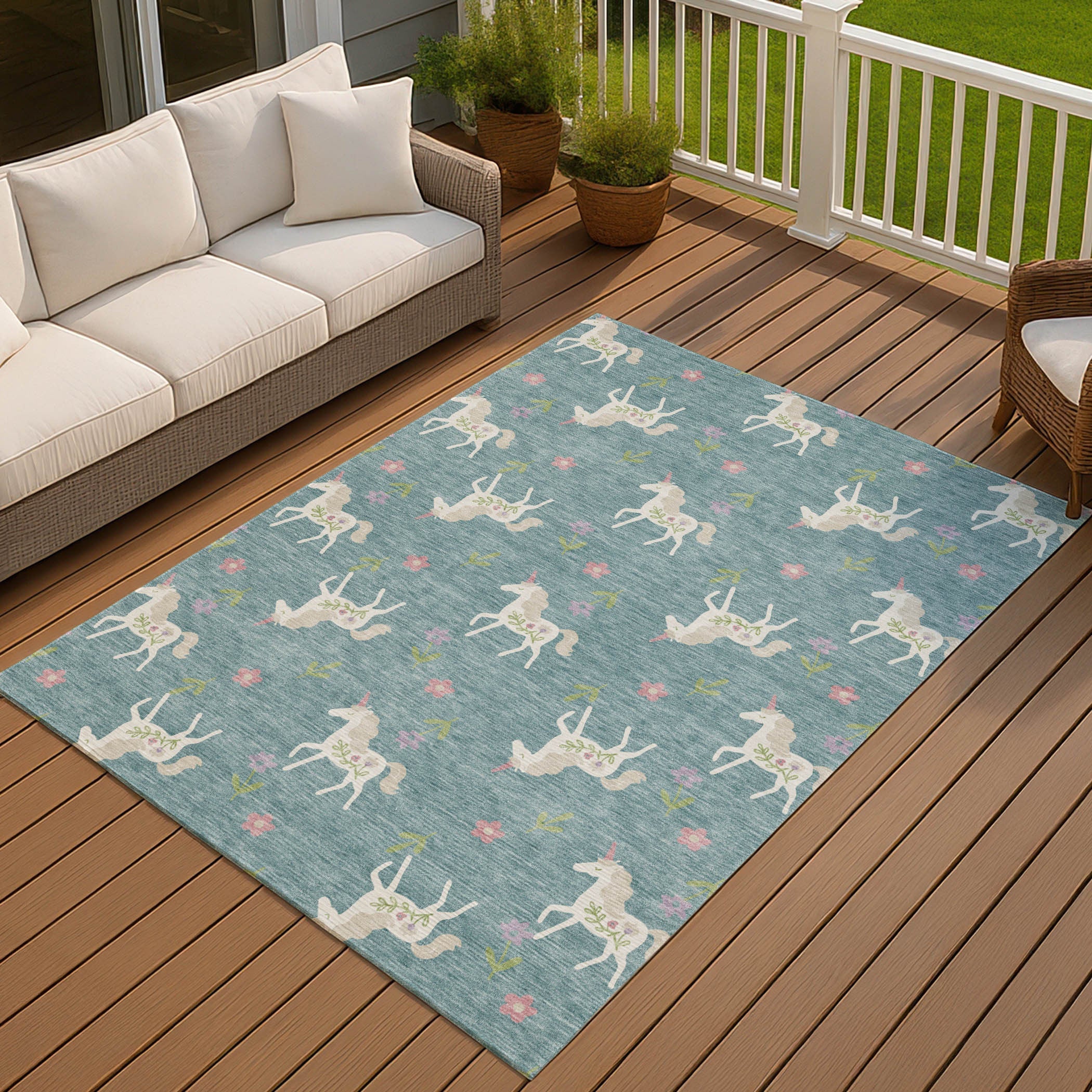 10' X 14' Teal Blue And Beige Floral Washable Indoor Outdoor Area Rug Homeroots Outdoor