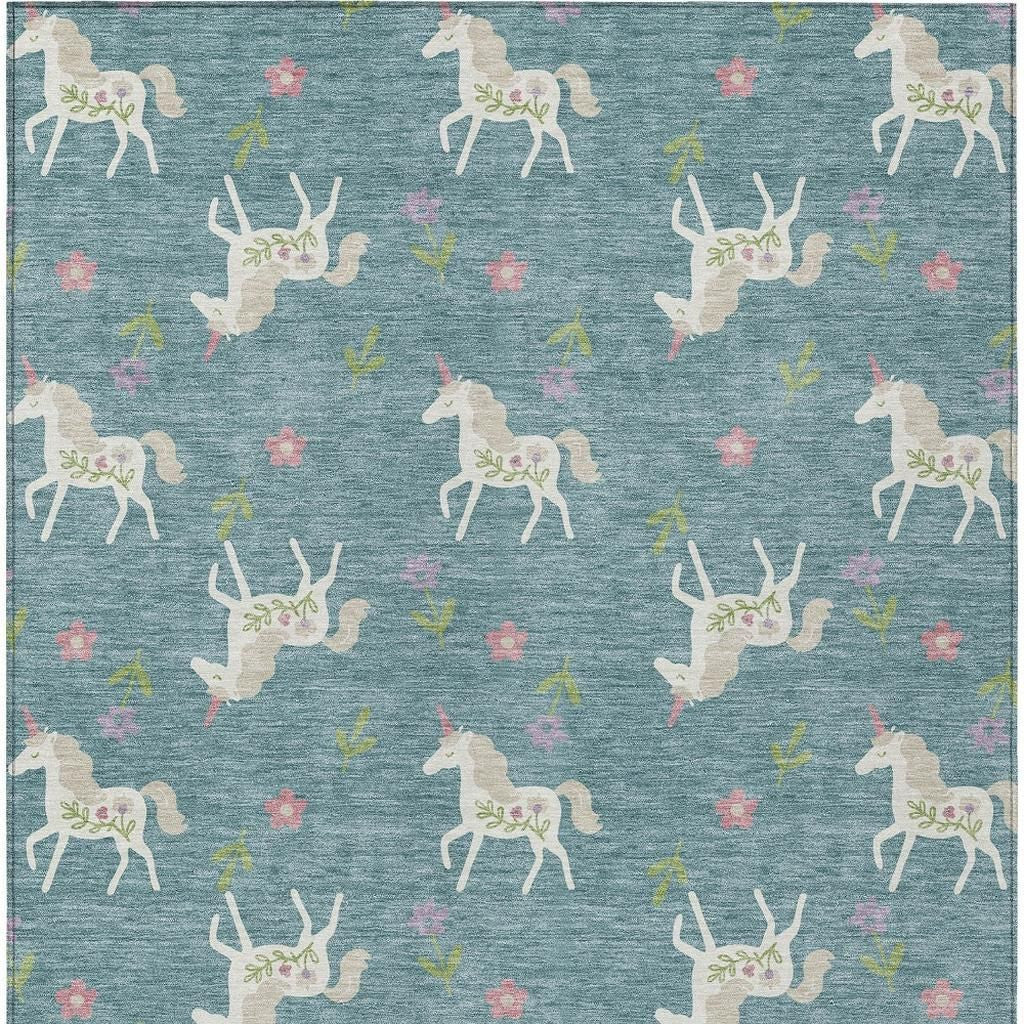 10' X 14' Teal Blue And Beige Floral Washable Indoor Outdoor Area Rug Homeroots Outdoor