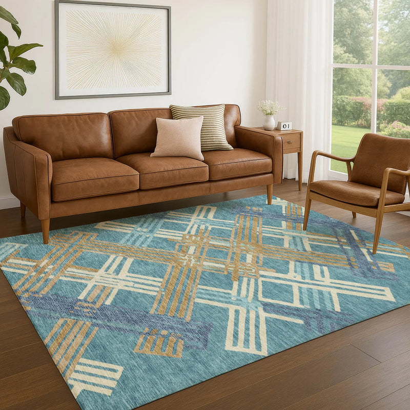 10' X 14' Teal Blue And Beige Geometric Washable Indoor Outdoor Area Rug Homeroots Outdoor