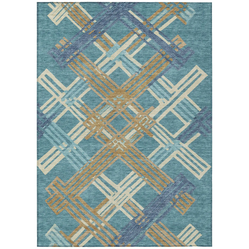 10' X 14' Teal Blue And Beige Geometric Washable Indoor Outdoor Area Rug Homeroots Outdoor
