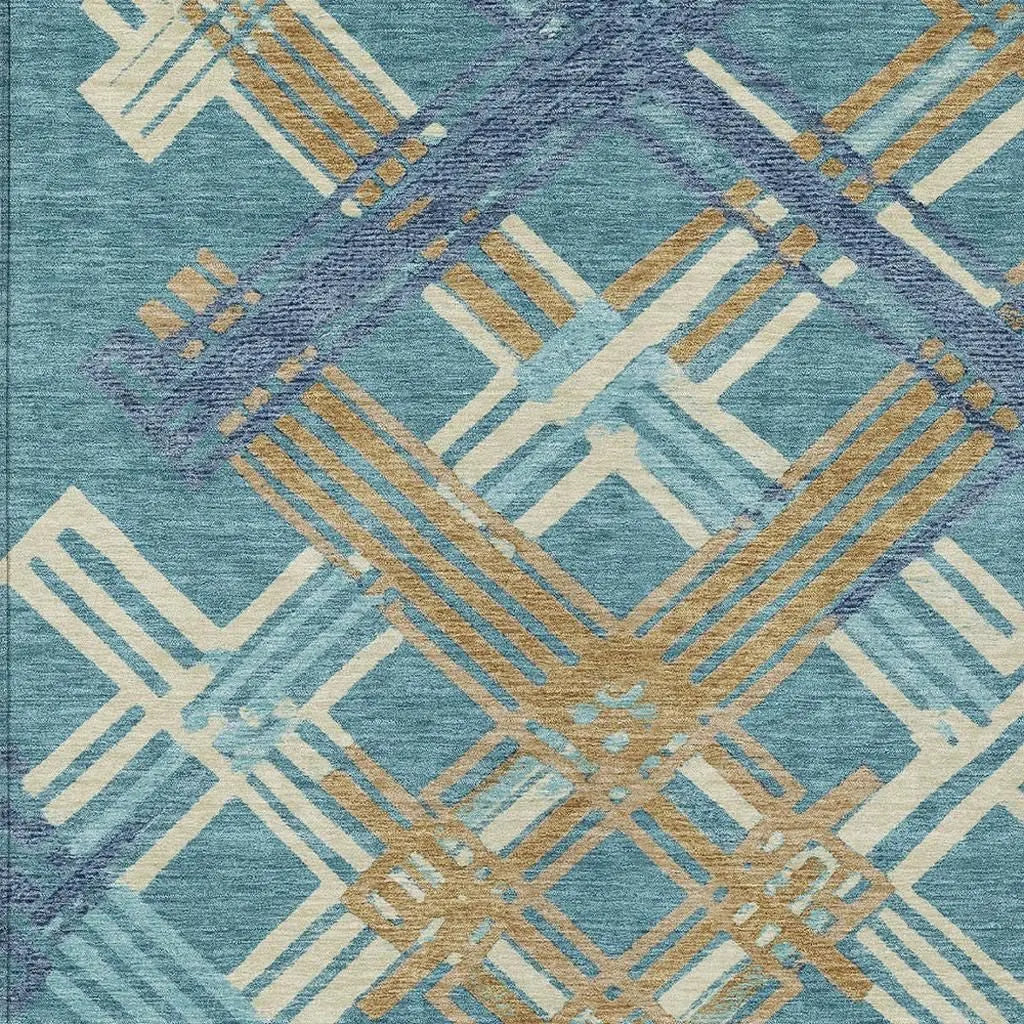 10' X 14' Teal Blue And Beige Geometric Washable Indoor Outdoor Area Rug Homeroots Outdoor