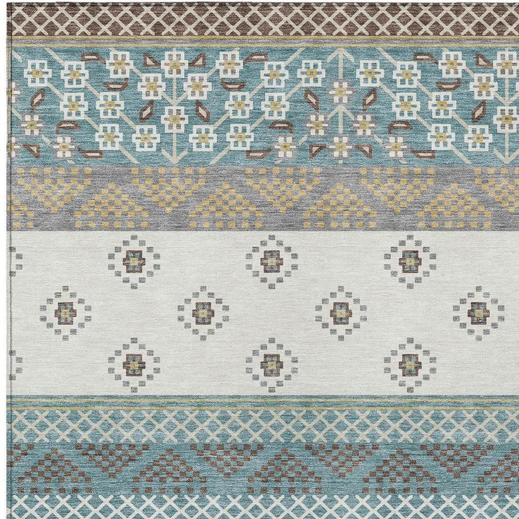 10' X 14' Teal Blue And Beige Striped Washable Indoor Outdoor Area Rug Homeroots Outdoor