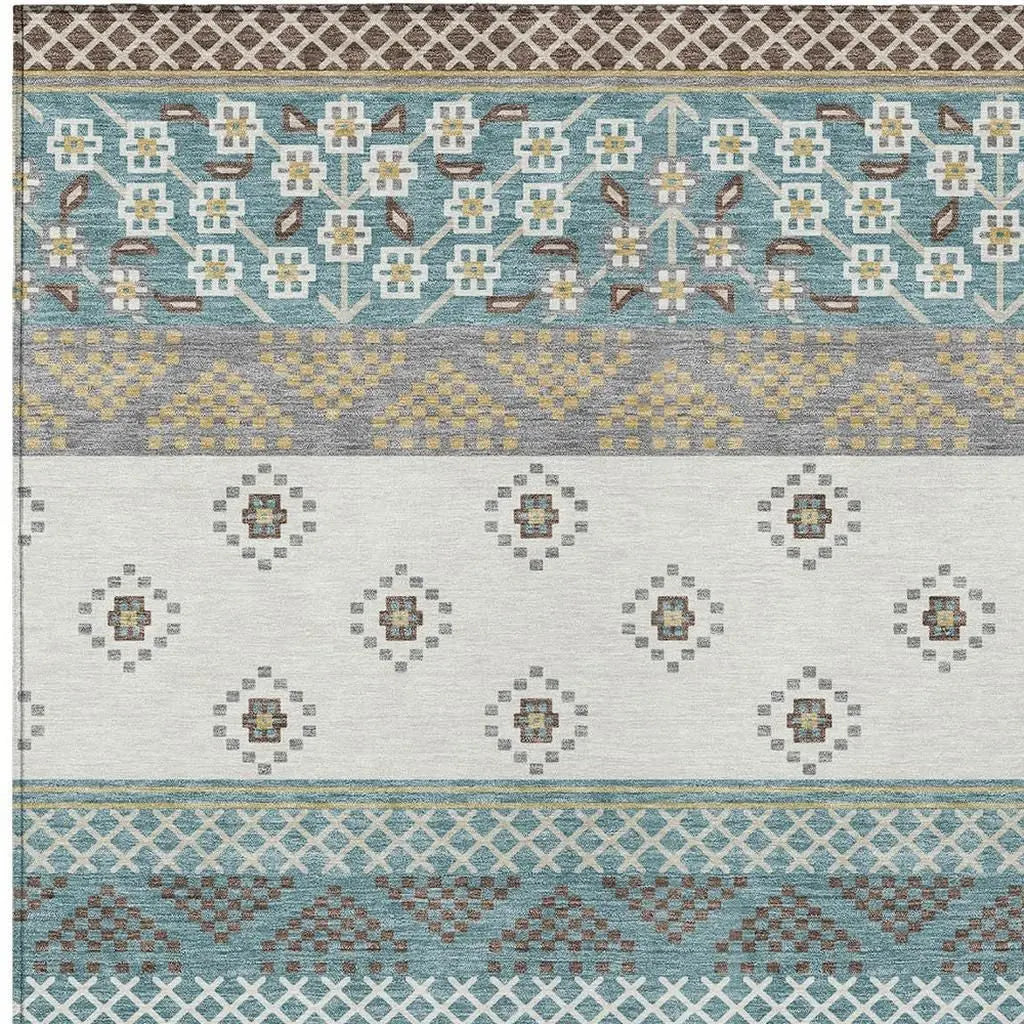 10' X 14' Teal Blue And Beige Striped Washable Indoor Outdoor Area Rug Homeroots Outdoor