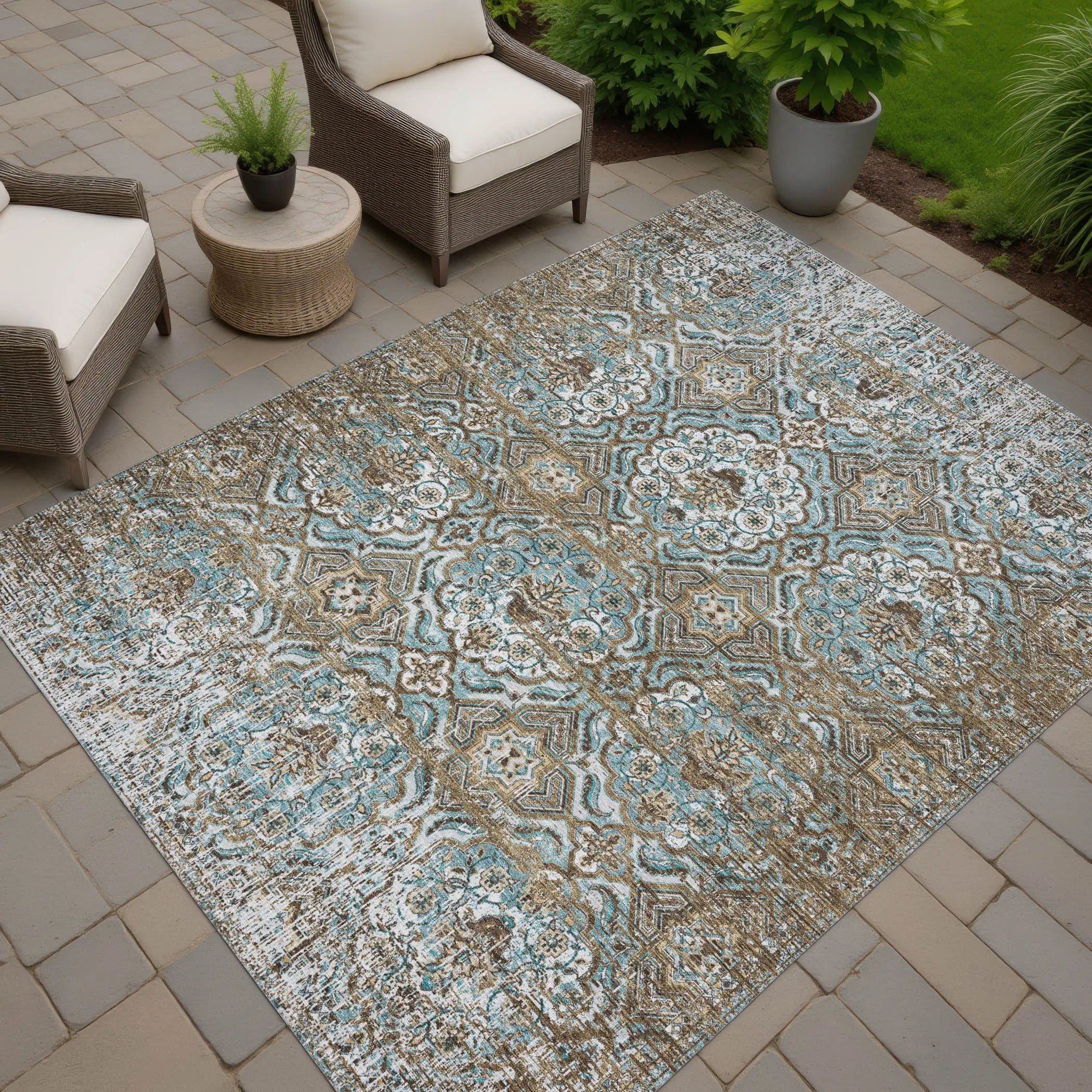 10' X 14' Teal Blue And Blue Floral Washable Indoor Outdoor Area Rug Homeroots Outdoor
