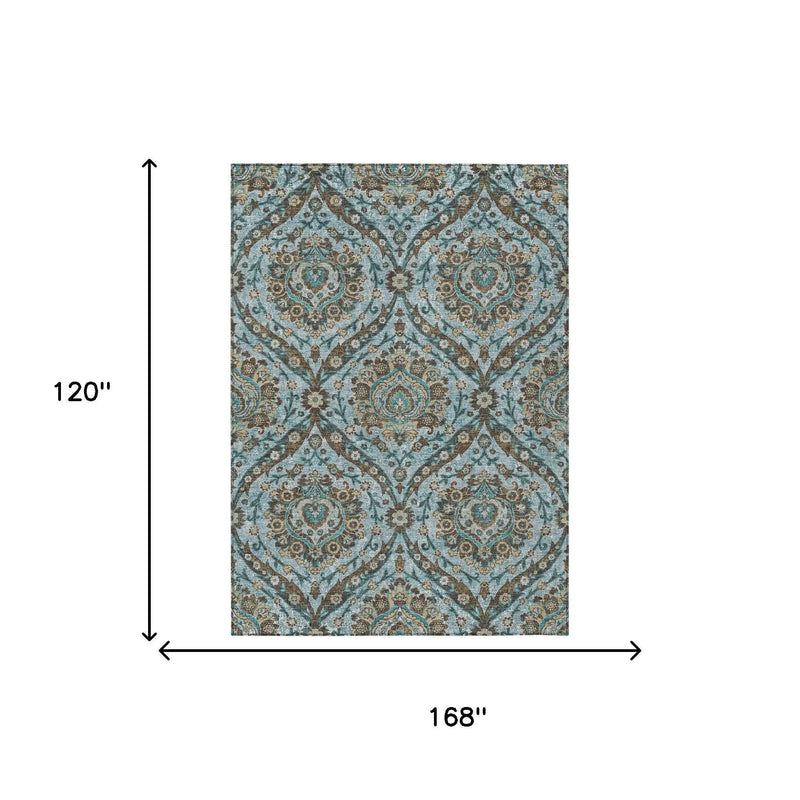 10' X 14' Teal Blue And Blue Floral Washable Indoor Outdoor Area Rug Homeroots Outdoor