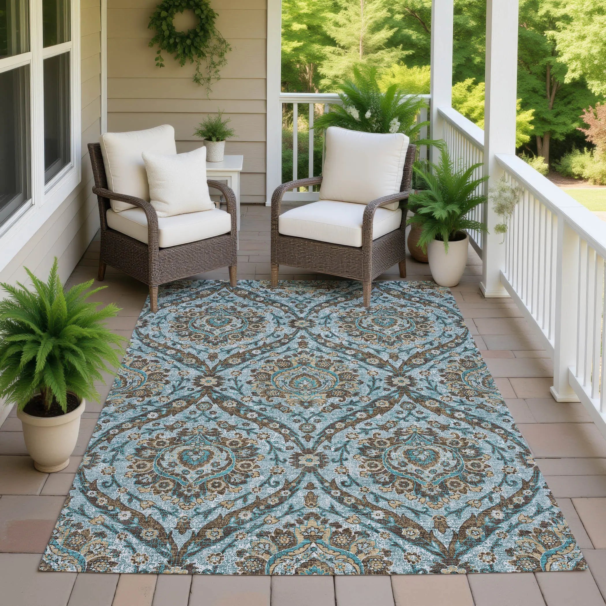 10' X 14' Teal Blue And Blue Floral Washable Indoor Outdoor Area Rug Homeroots Outdoor