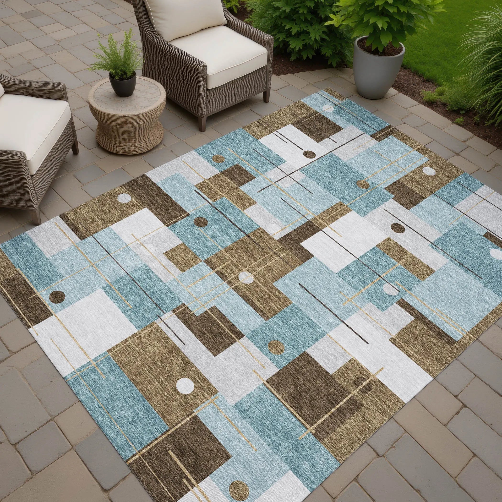10' X 14' Teal Blue And Blue Geometric Washable Indoor Outdoor Area Rug Homeroots Outdoor