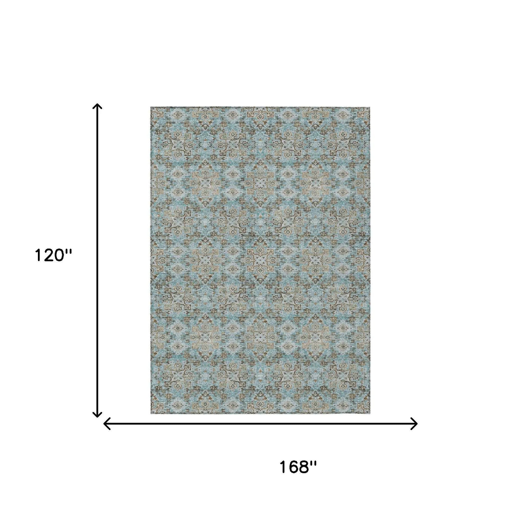10' X 14' Teal Blue And Blue Oriental Washable Indoor Outdoor Area Rug Homeroots Outdoor