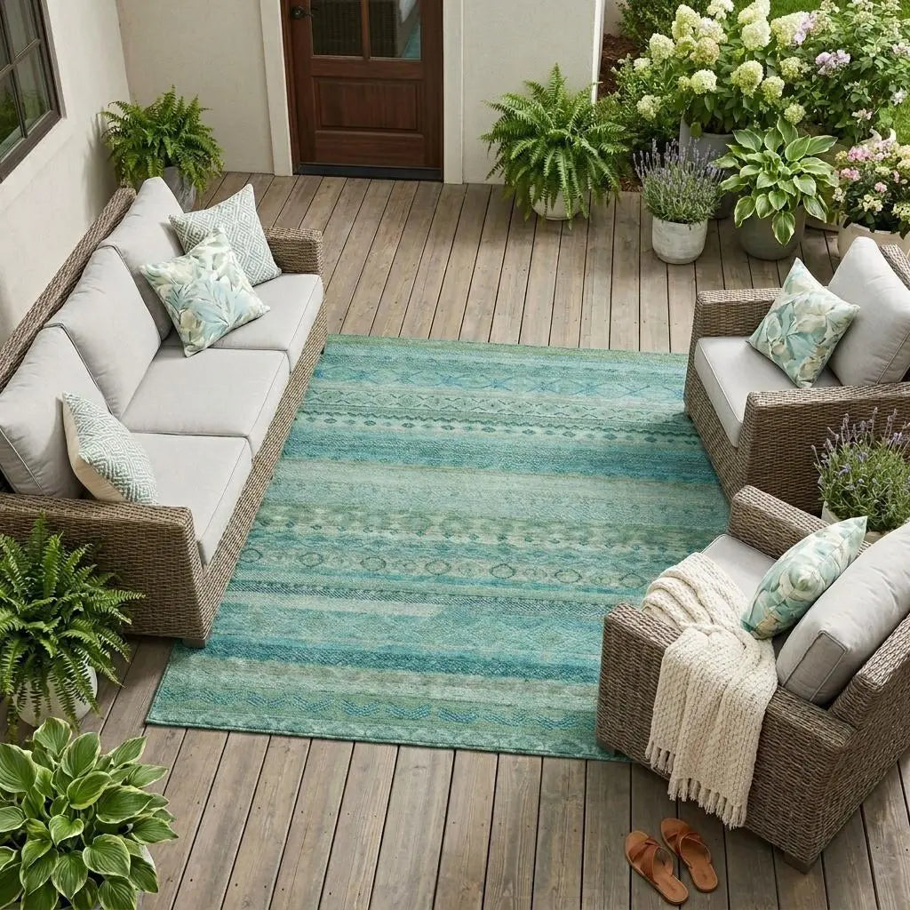 10' X 14' Teal Blue And Blue Striped Washable Indoor Outdoor Area Rug Homeroots Outdoor