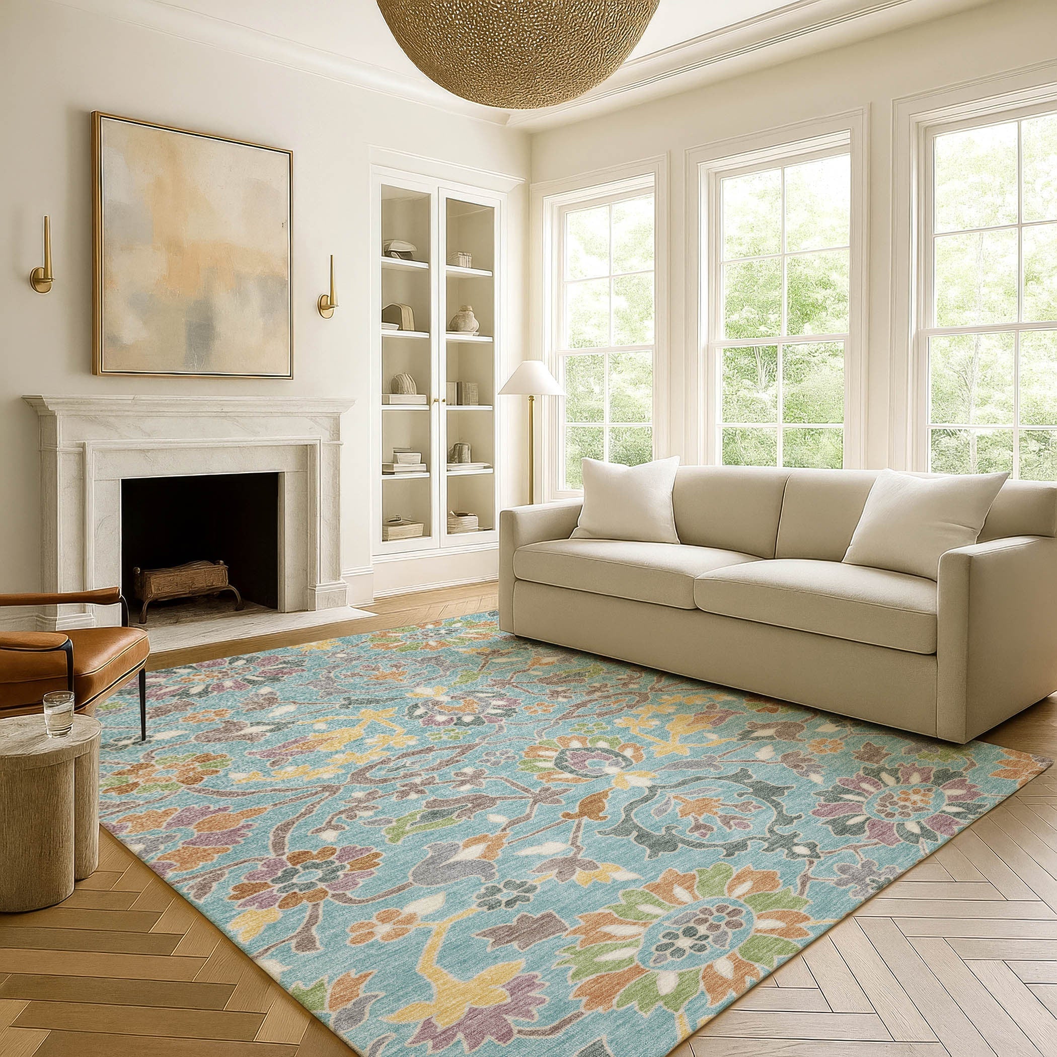 10' X 14' Teal Blue And Brown Floral Washable Indoor Outdoor Area Rug Homeroots Outdoor