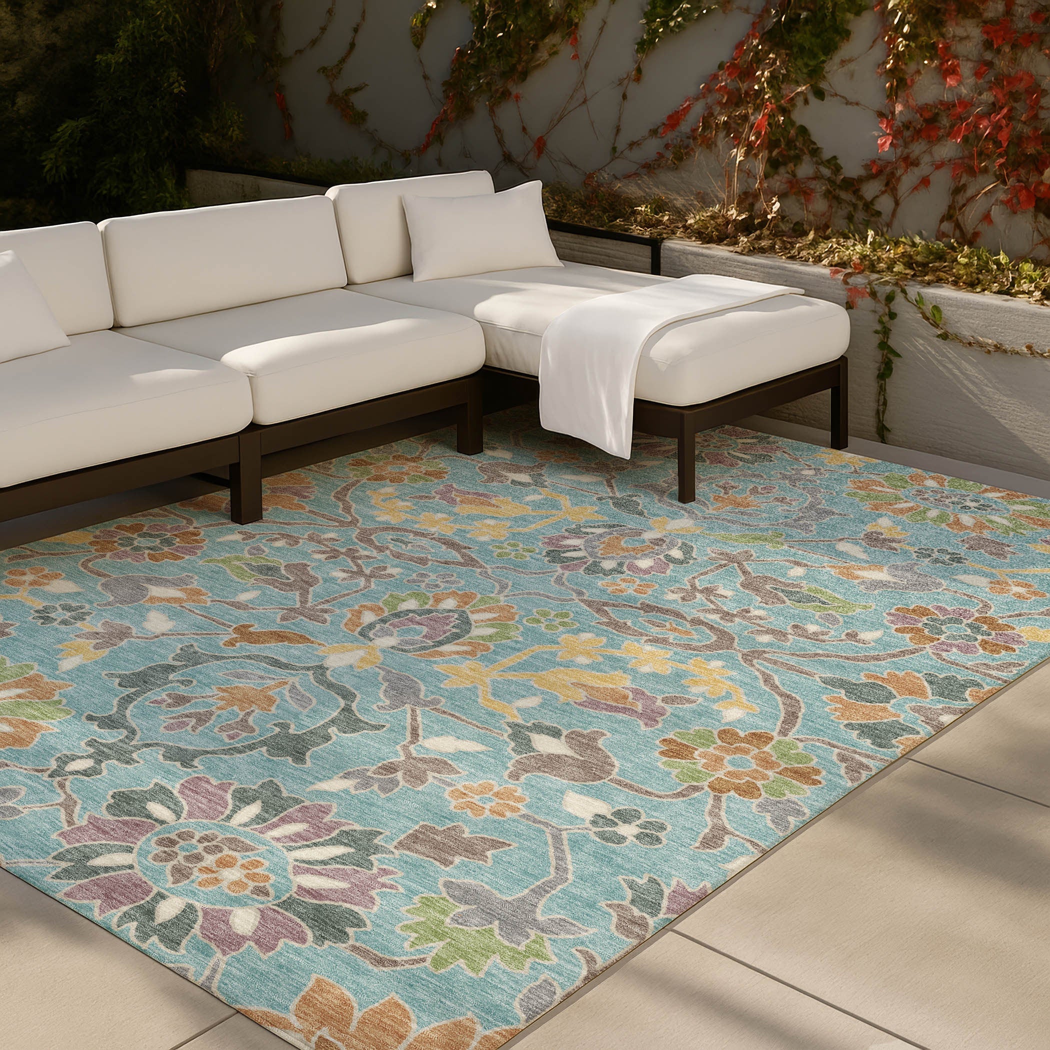 10' X 14' Teal Blue And Brown Floral Washable Indoor Outdoor Area Rug Homeroots Outdoor