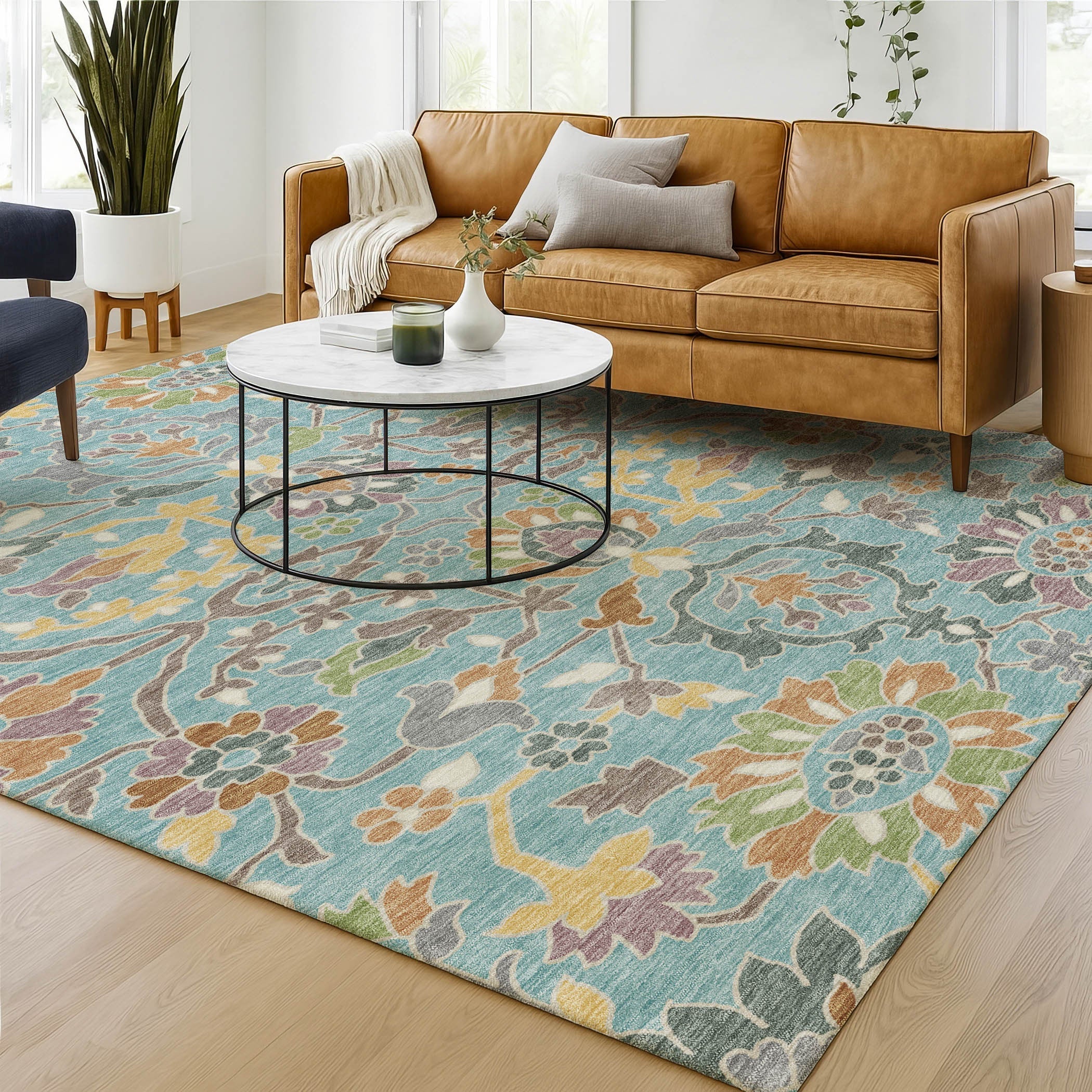 10' X 14' Teal Blue And Brown Floral Washable Indoor Outdoor Area Rug Homeroots Outdoor