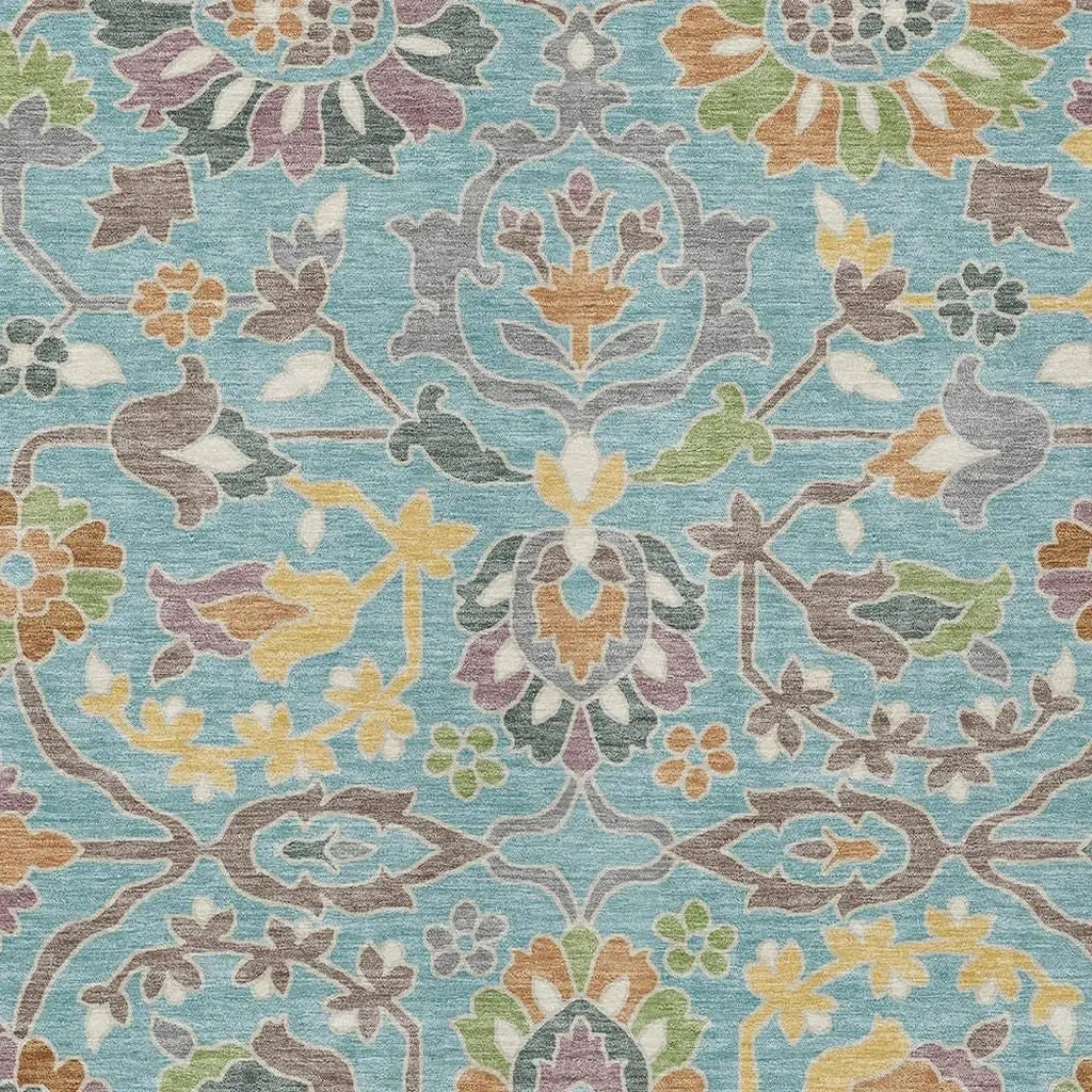 10' X 14' Teal Blue And Brown Floral Washable Indoor Outdoor Area Rug Homeroots Outdoor