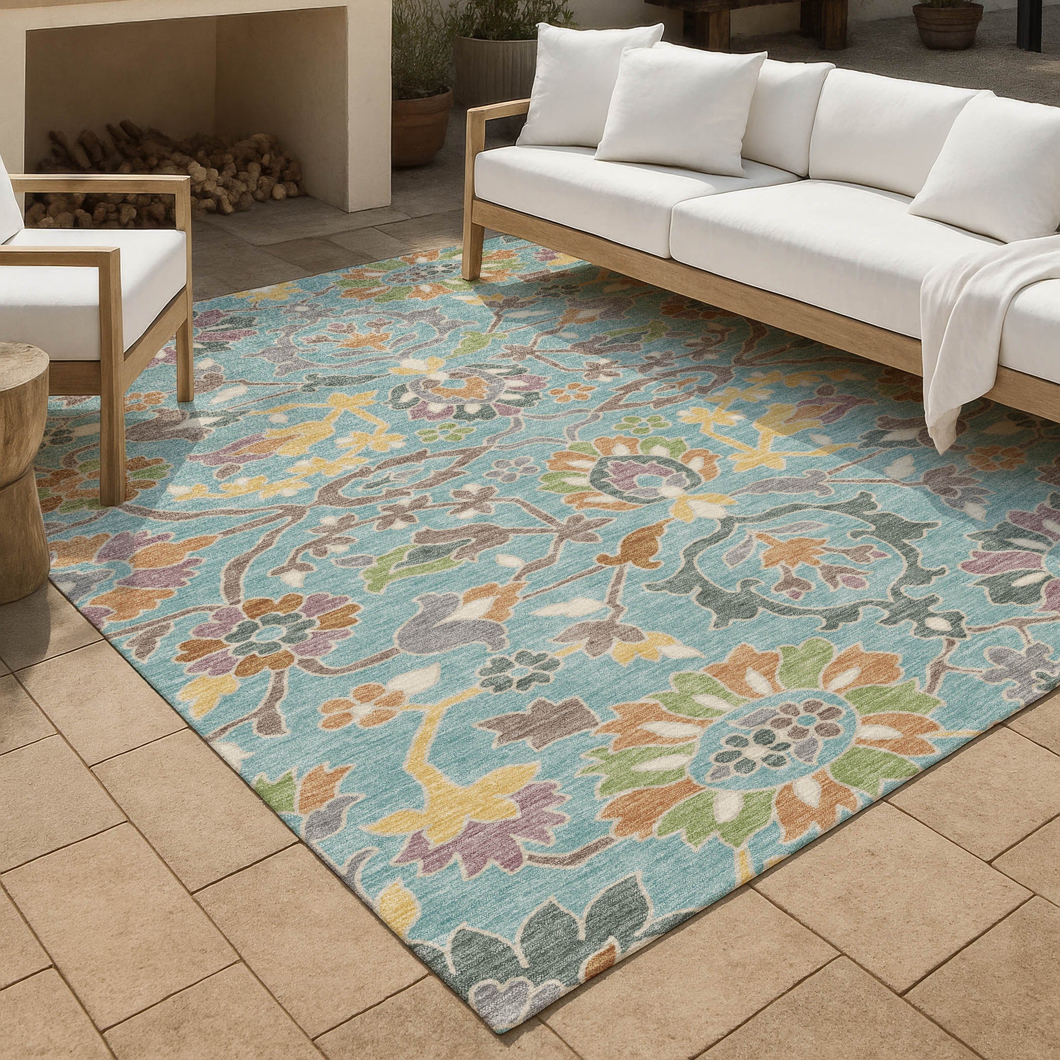 10' X 14' Teal Blue And Brown Floral Washable Indoor Outdoor Area Rug Homeroots Outdoor