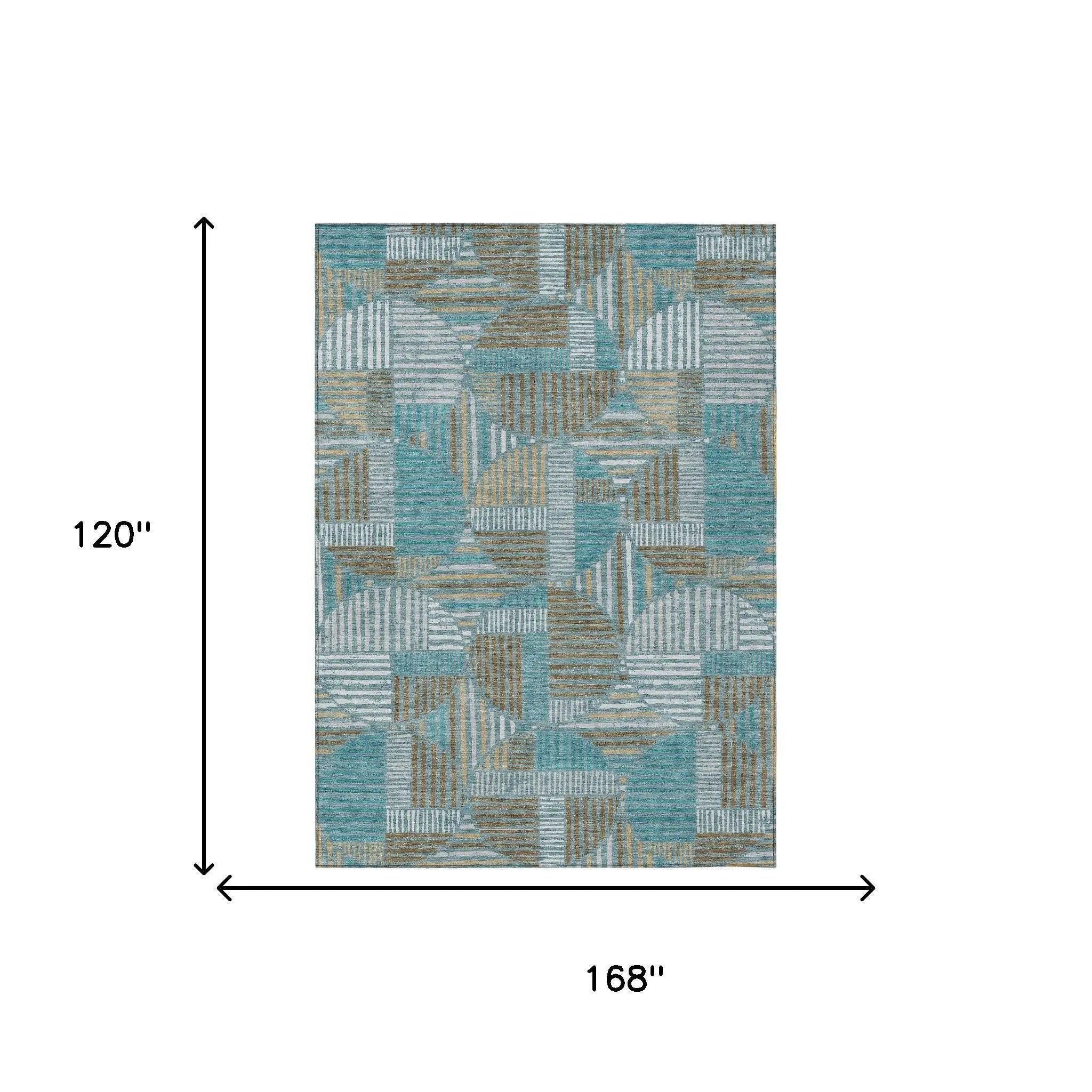 10' X 14' Teal Blue And Brown Geometric Washable Indoor Outdoor Area Rug Homeroots Outdoor