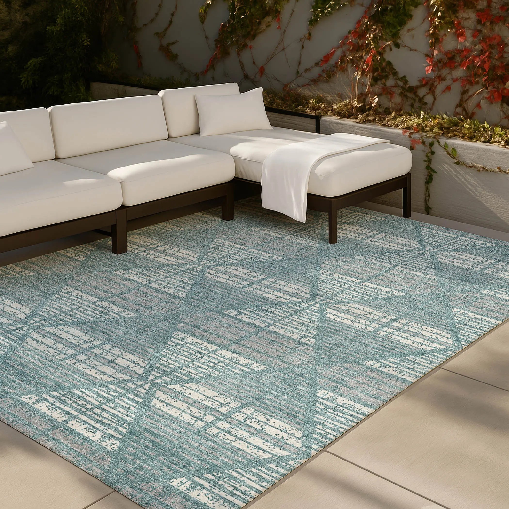 10' X 14' Teal Blue And Brown Geometric Washable Indoor Outdoor Area Rug Homeroots Outdoor