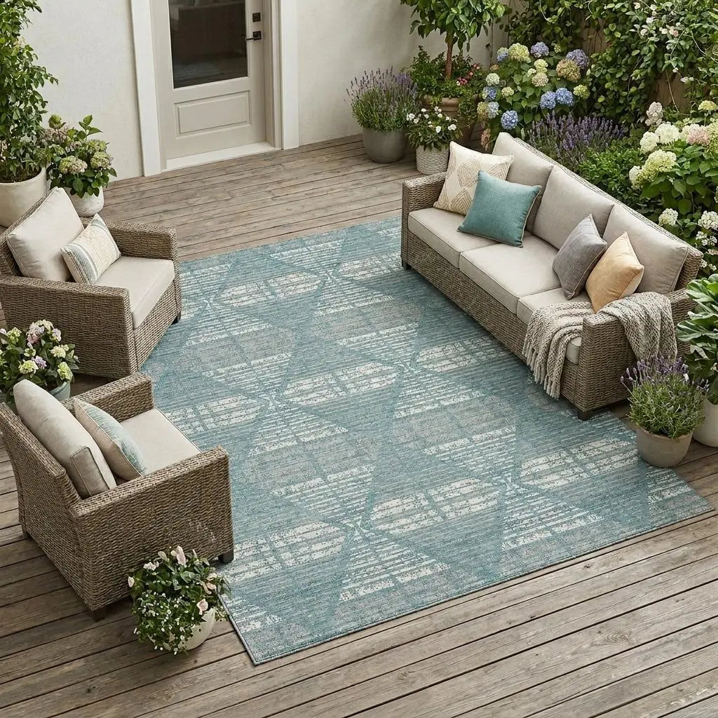 10' X 14' Teal Blue And Brown Geometric Washable Indoor Outdoor Area Rug Homeroots Outdoor