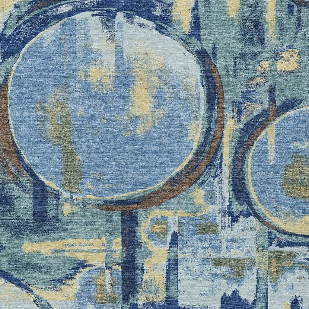 10' X 14' Teal Blue And Denim Blue Abstract Washable Indoor Outdoor Area Rug Homeroots Outdoor