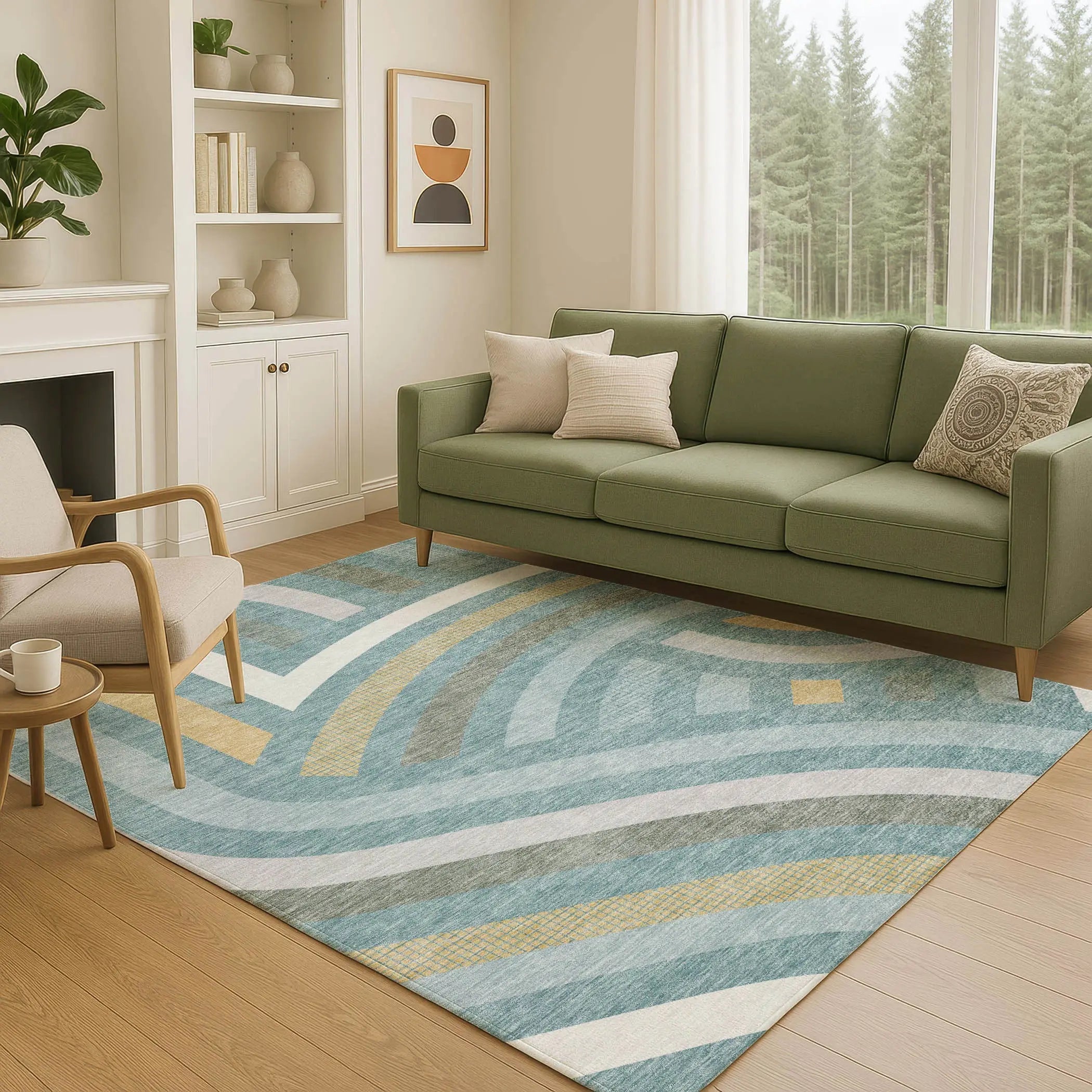 10' X 14' Teal Blue And Gold Abstract Washable Indoor Outdoor Area Rug Homeroots Outdoor