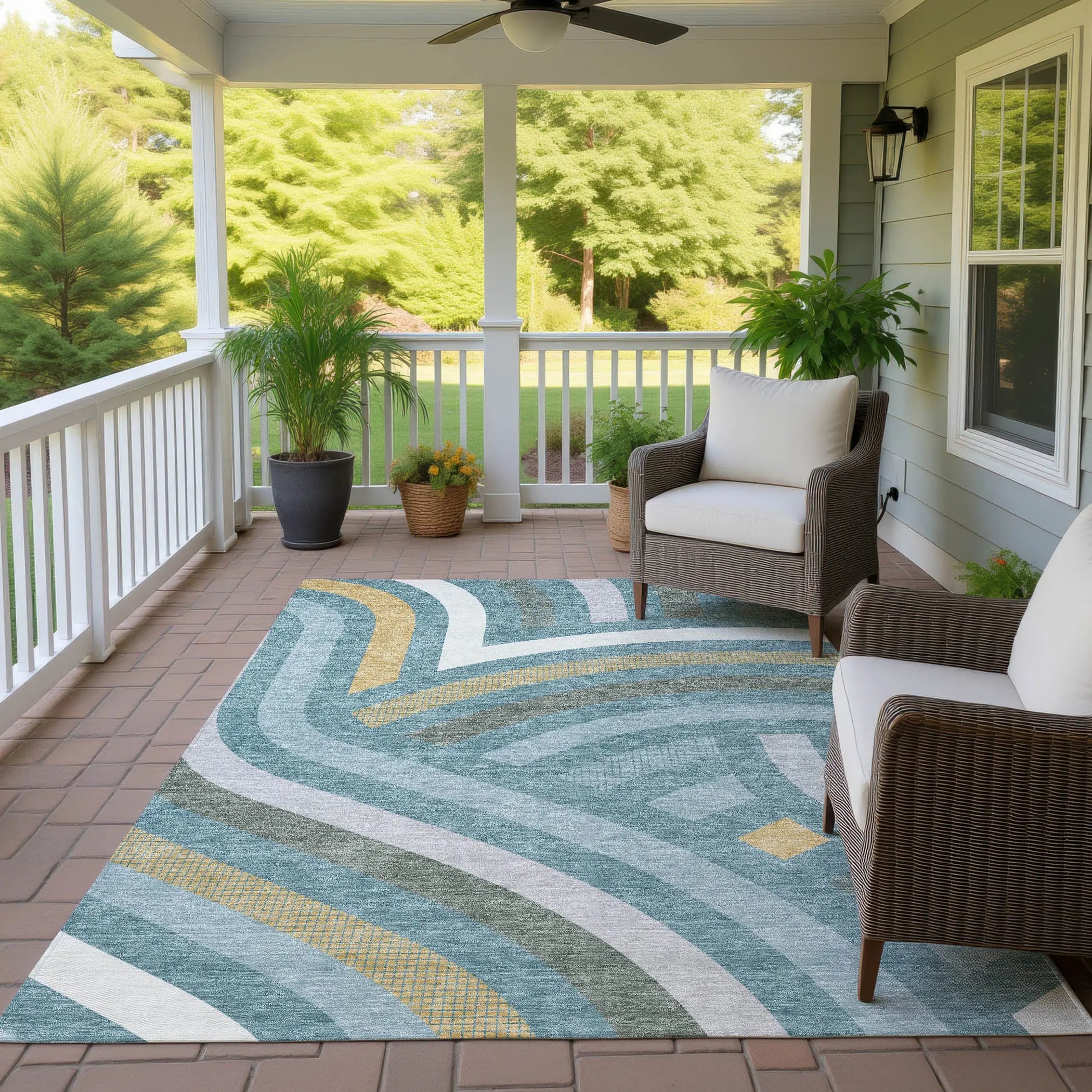 10' X 14' Teal Blue And Gold Abstract Washable Indoor Outdoor Area Rug Homeroots Outdoor