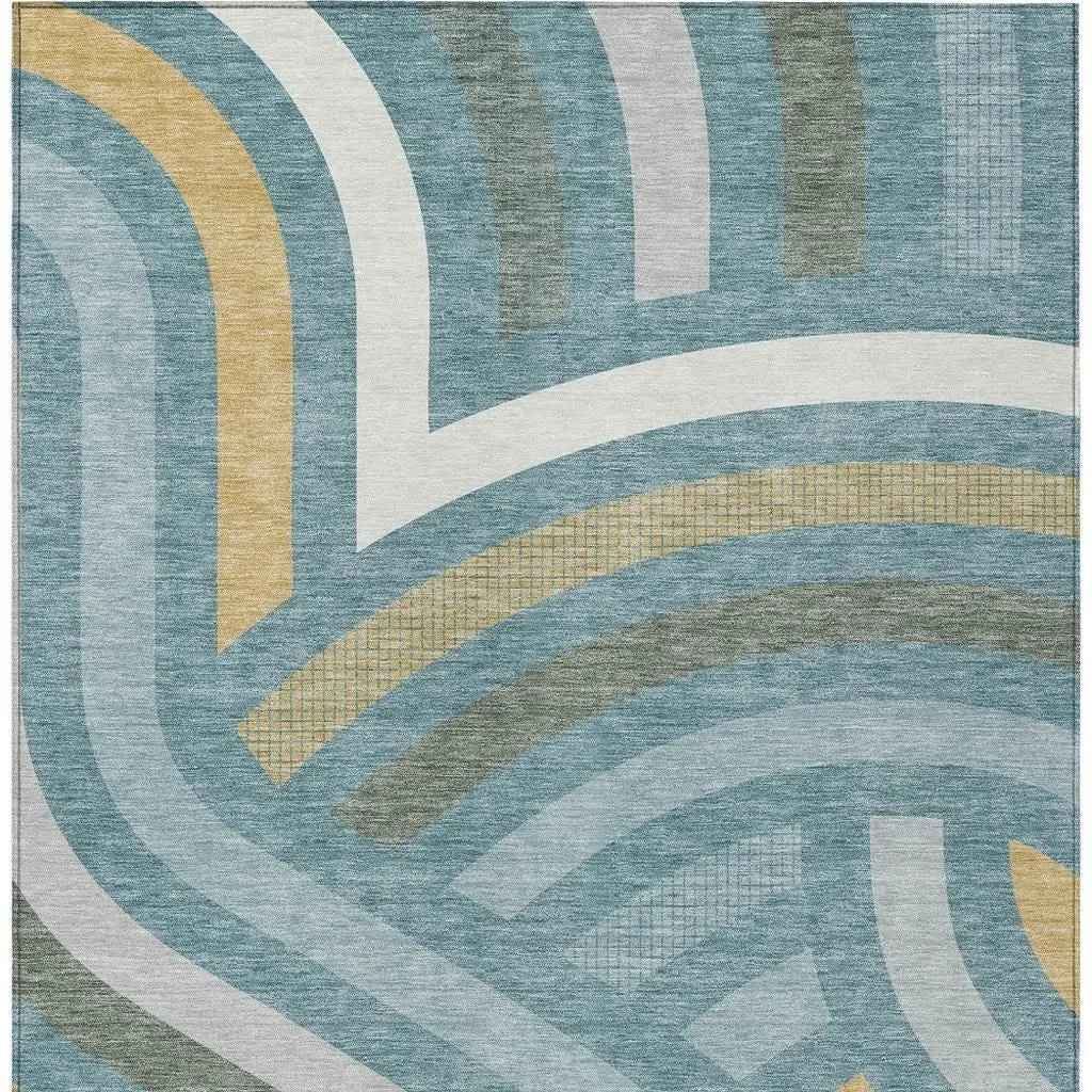 10' X 14' Teal Blue And Gold Abstract Washable Indoor Outdoor Area Rug Homeroots Outdoor