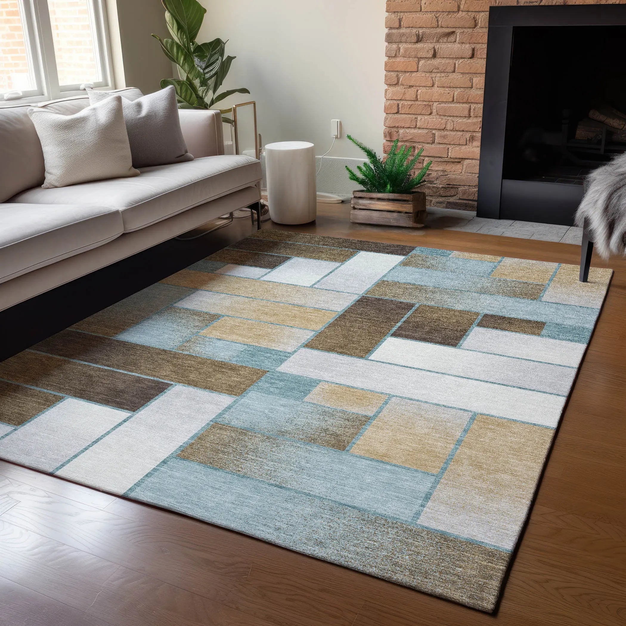 10' X 14' Teal Blue And Gold Geometric Washable Indoor Outdoor Area Rug Homeroots Outdoor