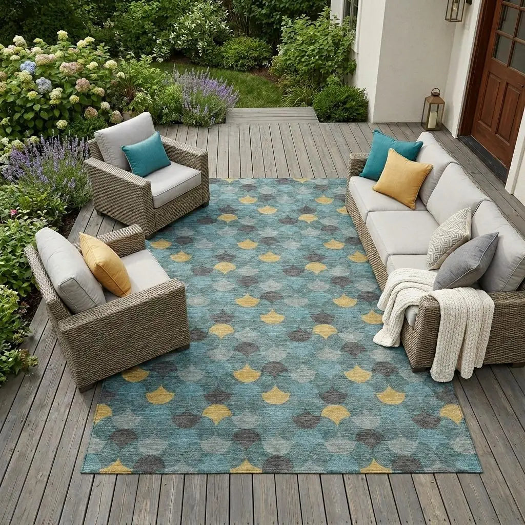 10' X 14' Teal Blue And Gold Geometric Washable Indoor Outdoor Area Rug Homeroots Outdoor