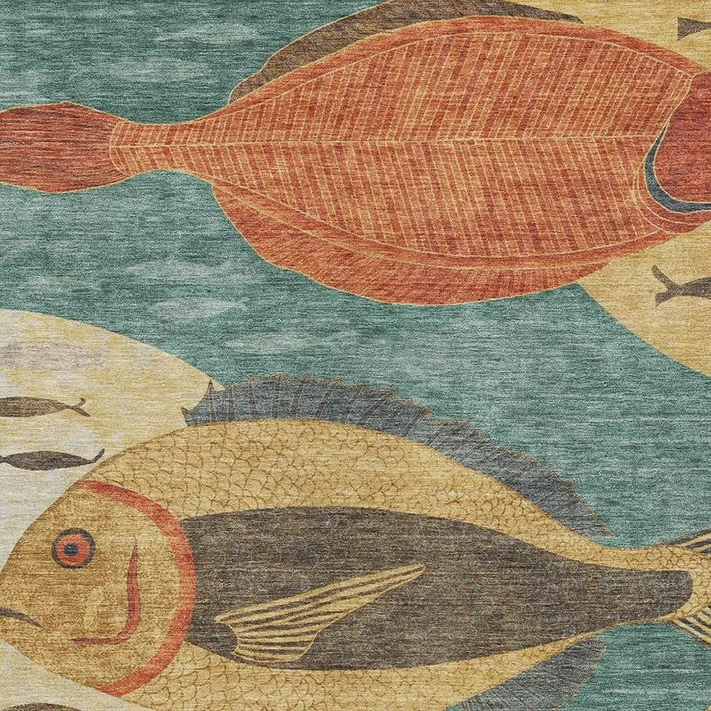 10' X 14' Teal Blue And Gold Tropical Fish Washable Indoor Outdoor Area Rug Homeroots Outdoor