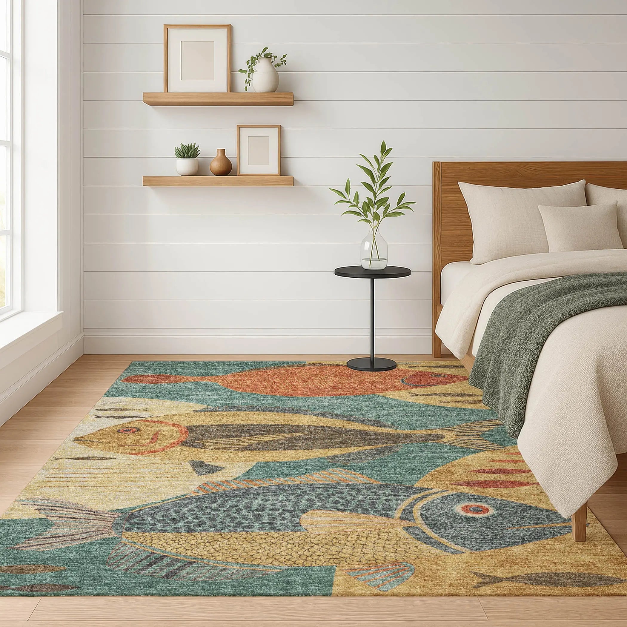 10' X 14' Teal Blue And Gold Tropical Fish Washable Indoor Outdoor Area Rug Homeroots Outdoor