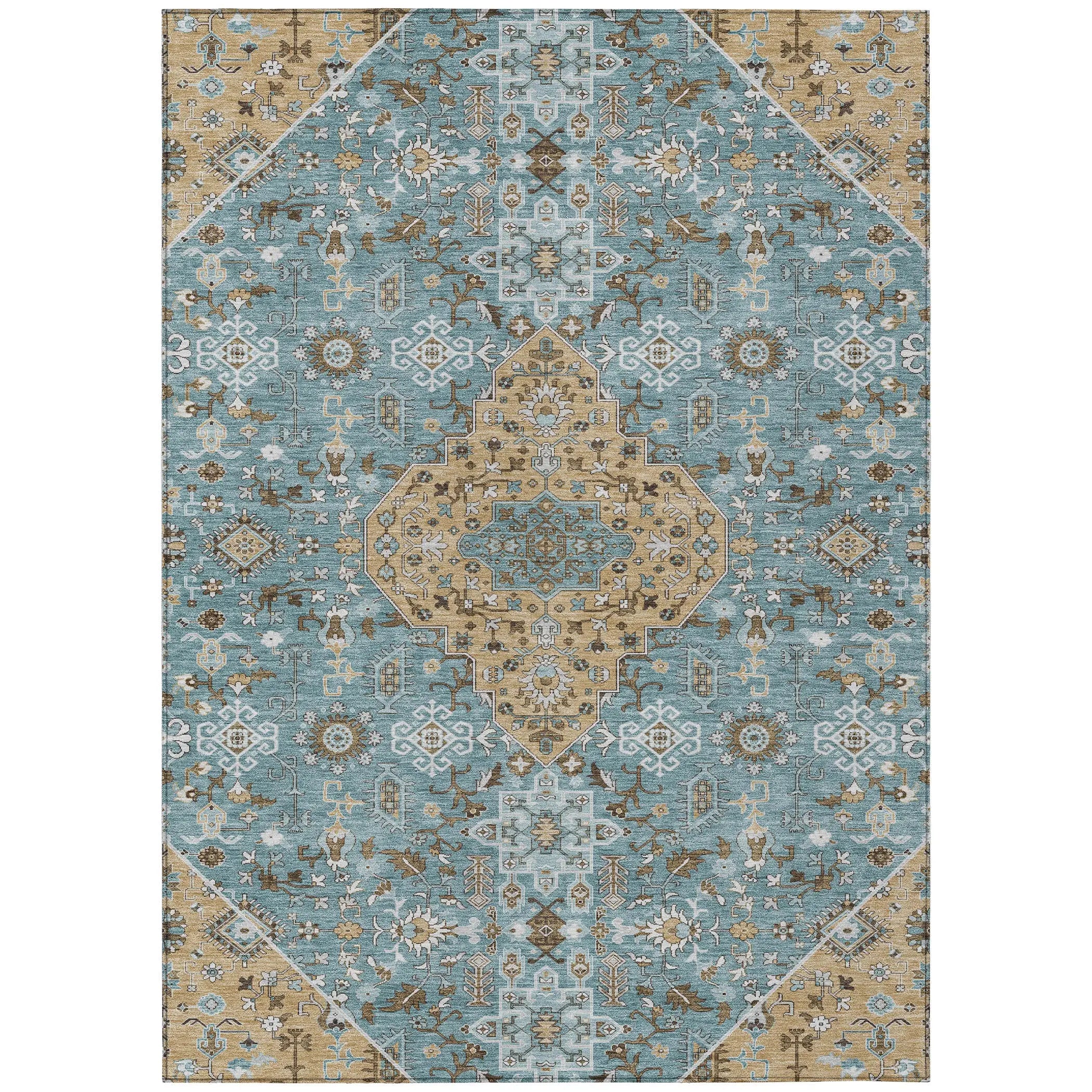 10' X 14' Teal Blue And Graphite Medallion Washable Indoor Outdoor Area Rug Homeroots Outdoor
